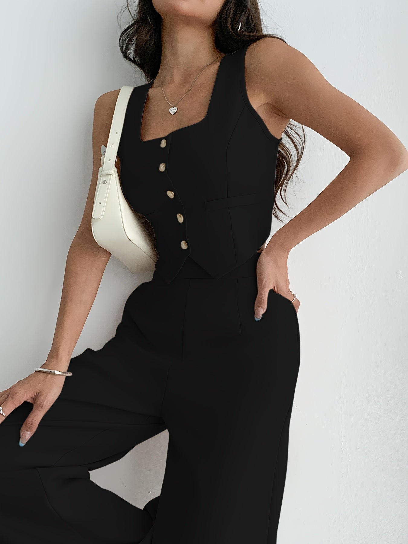 Two-Piece Women's Square Neck Sleeveless Button-Up Blouse and Loose Wide-Leg Pants Set