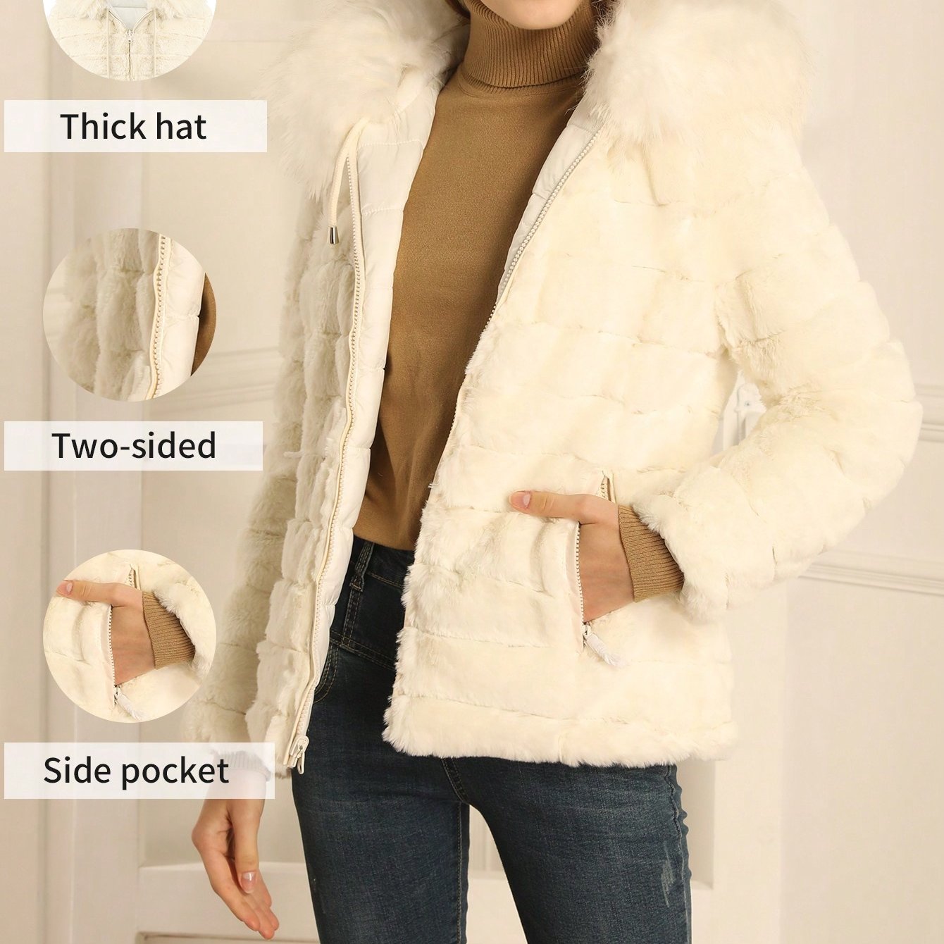 Women'S Heavyweight Winter Coat - Dual-Sided Reversible Jacket with Full-Zip Front, Hooded Collar, Two-Way Zipper Closure - Warm Outerwear for Cold Weather, Office, Travel - Elegant Brown Coat (Size & Wash Label in Pocket), L