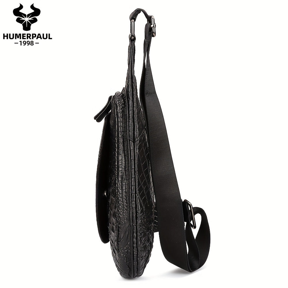 HUMERPAUL Men'S Casual Brown Leather Crossbody Bag with Alligator Print - Adjustable Strap, Multi-Compartment, Everyday Commute Shoulder Bag, Everyday Bag Casual Style Bag Adjustable Strap Bag