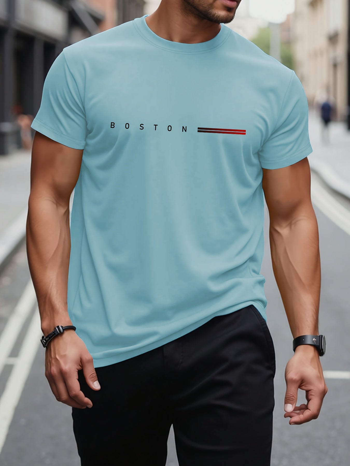 Men's Heavyweight 180gsm Cotton T-Shirt - Dark Gray Crew Neck Tee with Bold "Boston" Print, All-Season Everyday Formal Shirt for Men - Machine Washable Luxury Casual Top, Versatile Clothing, Modern Design, Premium Fabric, S