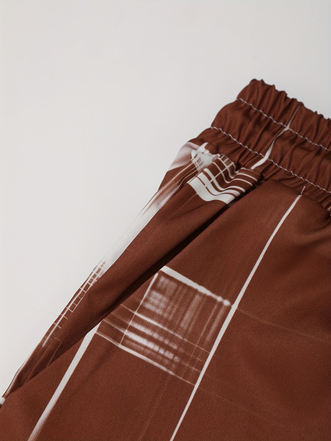 Men'S Stylish Gradient Shirt Set - Brown & White Geometric Pattern, Short Sleeve with Pocket, Loose Fit Shorts, Perfect for Beach, Camping, Fishing & Outdoor Activities, Casual Attire|Geometric Pattern Shirt|Woven Fabri