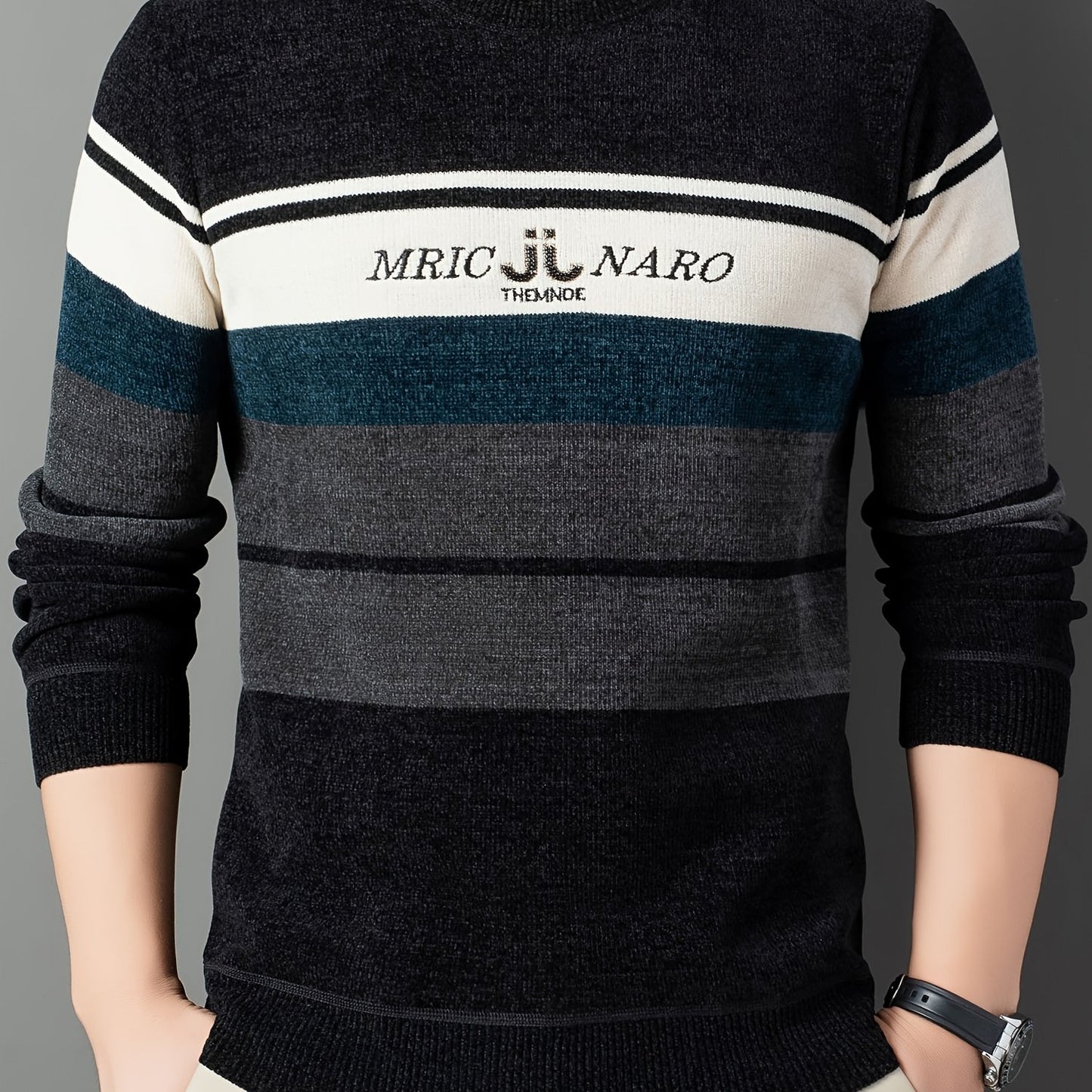 New Winter Striped Men'S Round Neck Sweater, Fleece-Lined for Comfort, Stylish And Casual Warm Pullover with Letter Pattern, Thick Knitted Top for Men in Winter
