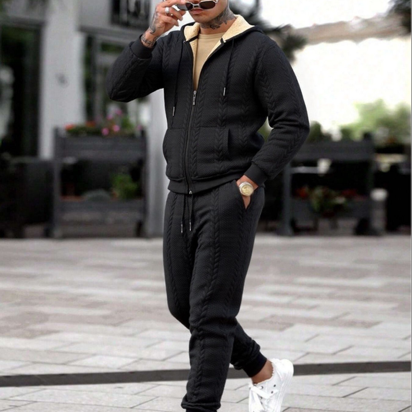 Men's Winter Fashion Two-Piece Set: Jacquard Hooded Cardigan with Lining & Long Pants – Ideal for Autumn and Winter, Winter Clothes For Men