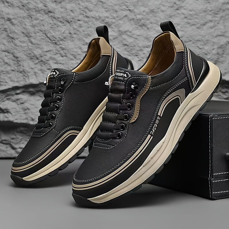Men's Slip-On Sneakers - Lightweight, Cushioned, Thick Rubber Sole Casual Shoes in Black Tan with Logo Details, Versatile for All Seasons, Outdoor, Running, and Training