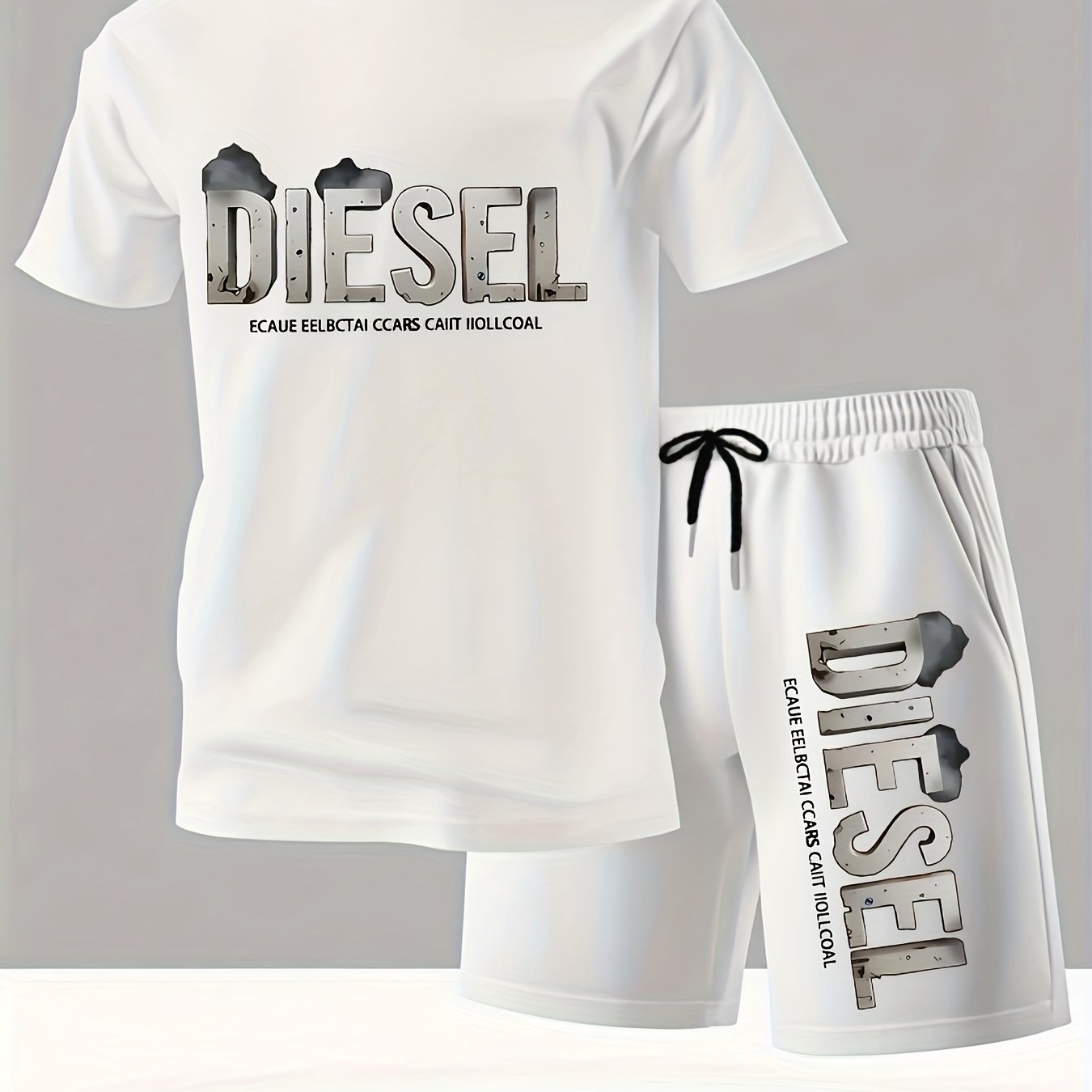 Summer Men'S Casual Sports Short Sleeve T-Shirt and Shorts Set, Comfortable Breathable, Suitable for Outdoor Jogging Running Fitness, Diesel Letter Print Design - 2pcs Set