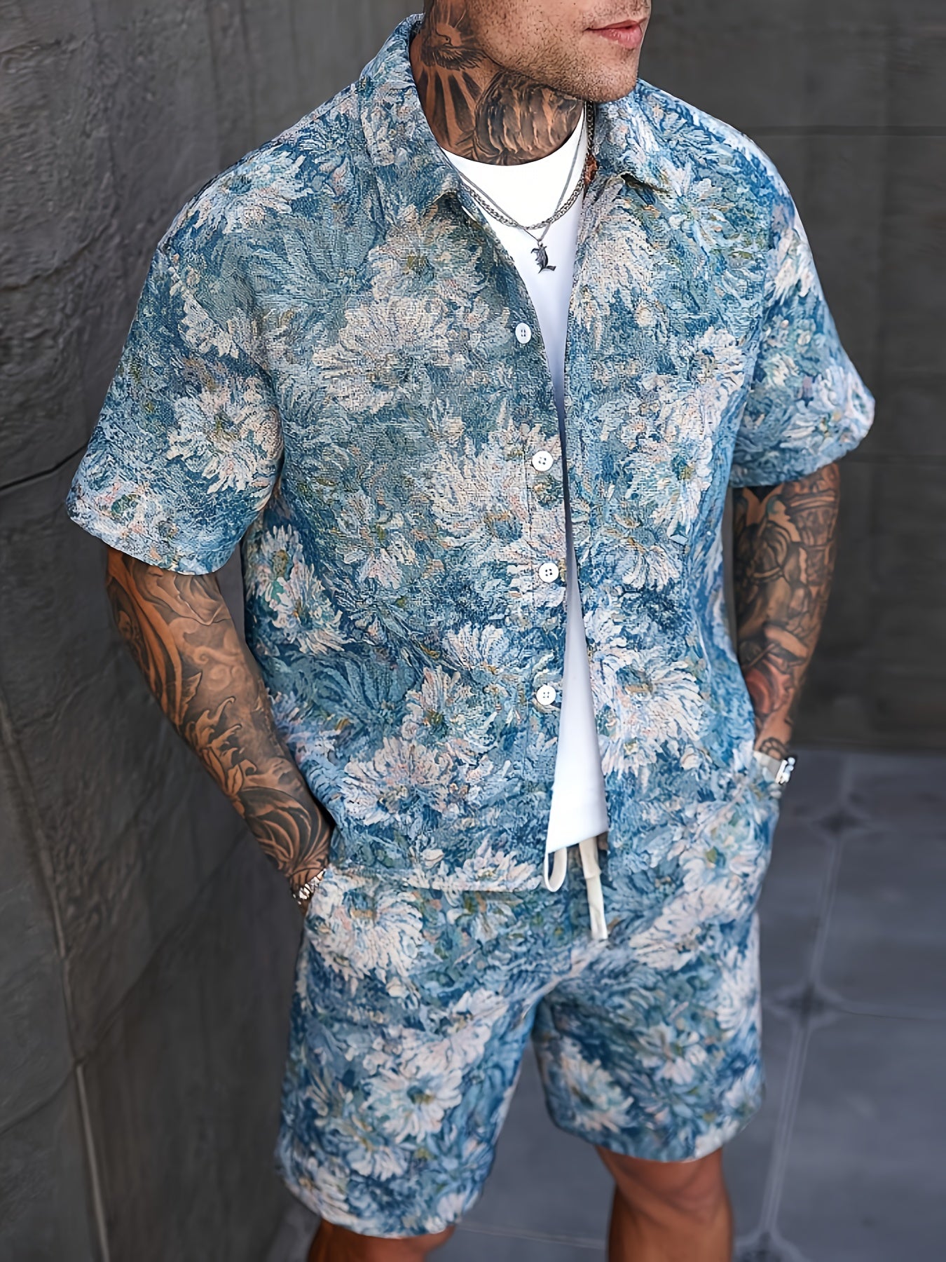 Men'S Summer Casual Short Sleeve Shirt & Shorts Set - Tropical Print, Loose Fit, Button-Up with Collar, Lightweight Polyester Fabric for Outdoor & Leisure Activities, Summer Casual Wear | Tropical Print Shirt | Lightweight Fa