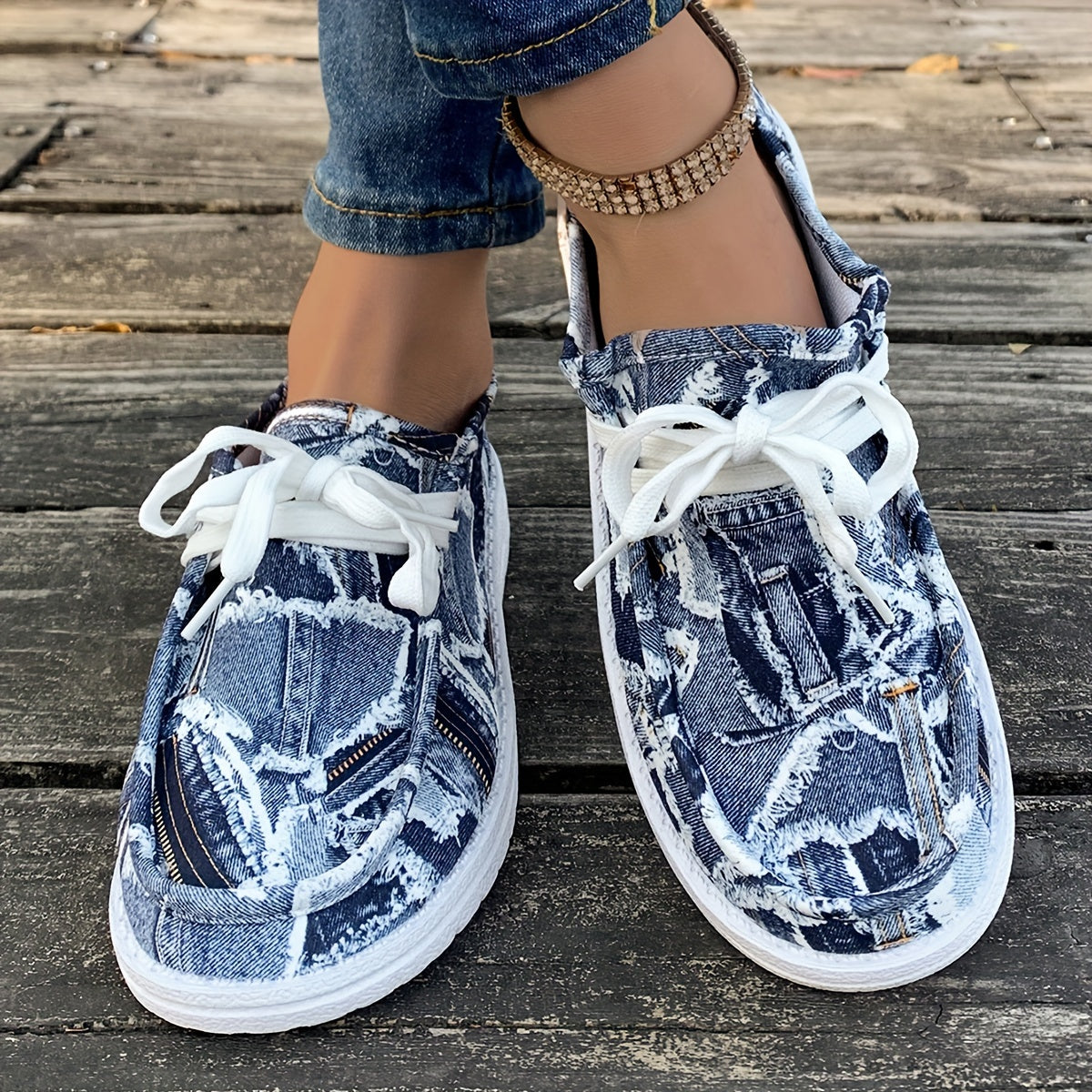 Women's Denim Print Flat Sneakers, Lightweight Round Toe Low Top Shoes, Casual Outdoor Walking Shoes plus size