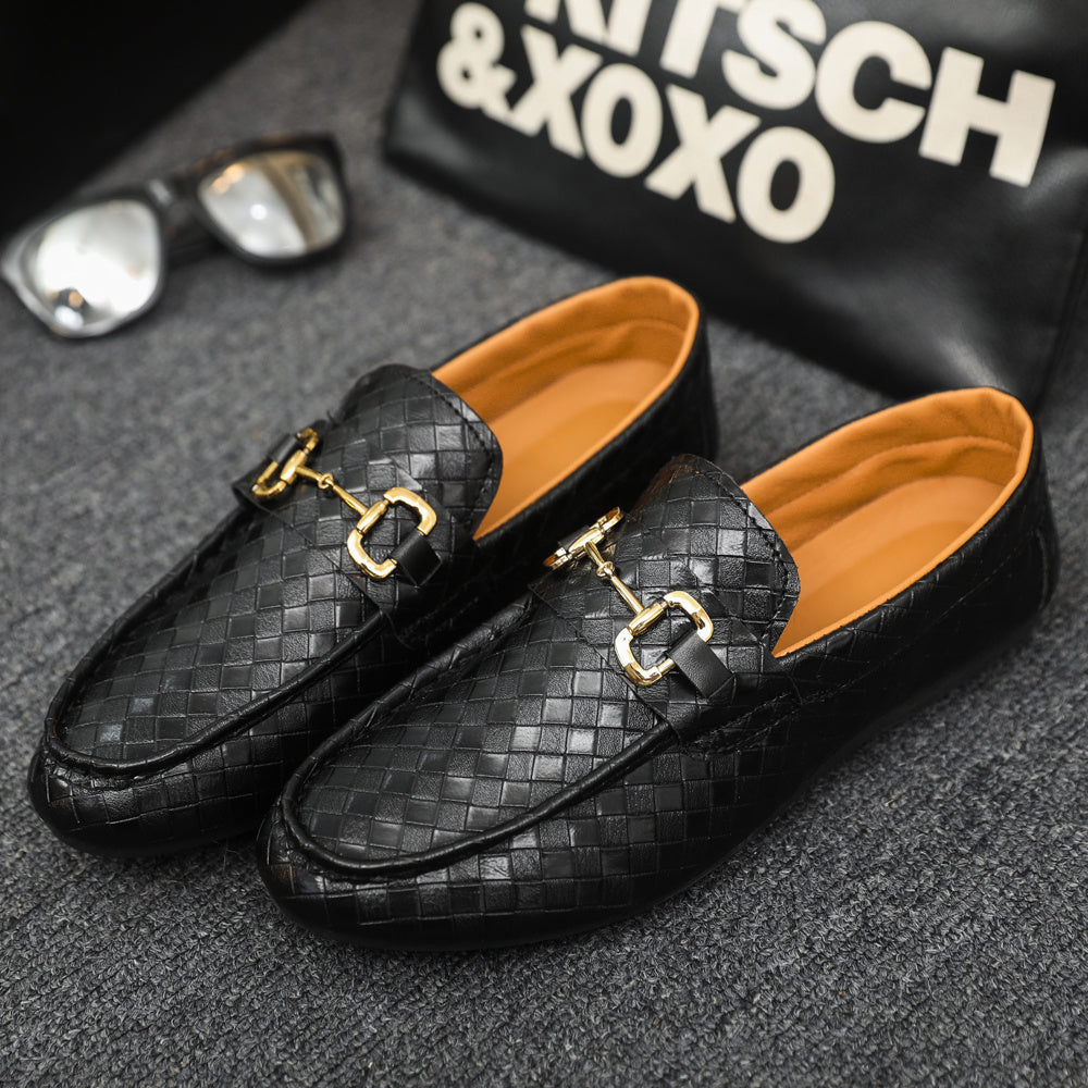 Men's Slip-On Loafers - Black Tan Casual Shoes with Golden-Tone Metal Accents, Round Toe Comfort, All-Season Versatile for Office Social Events, Casual Attire, Elegant Style, Premium Material, Modern Gentlemen