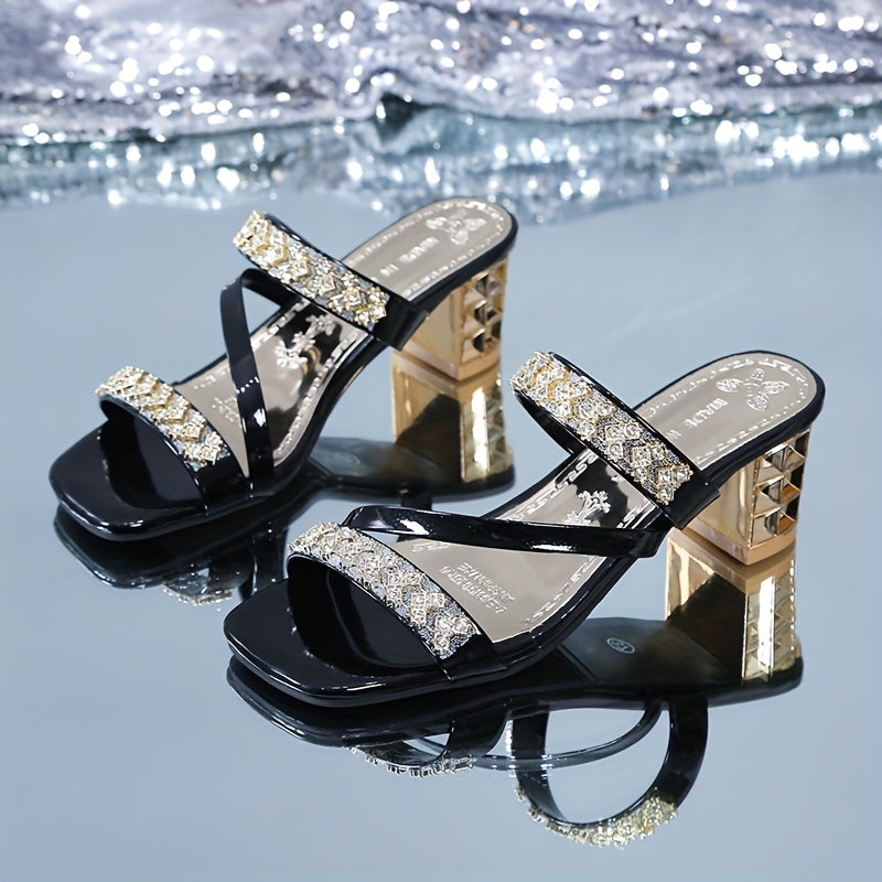 Elegant Women'S Summer Sandals - Sexy Open Toe with Glittering Square Toe, High Heel, and Rubber Sole for Outdoor Wear, Summer Footwear Chic Sandals Glossy Finish, Strappy Sandals