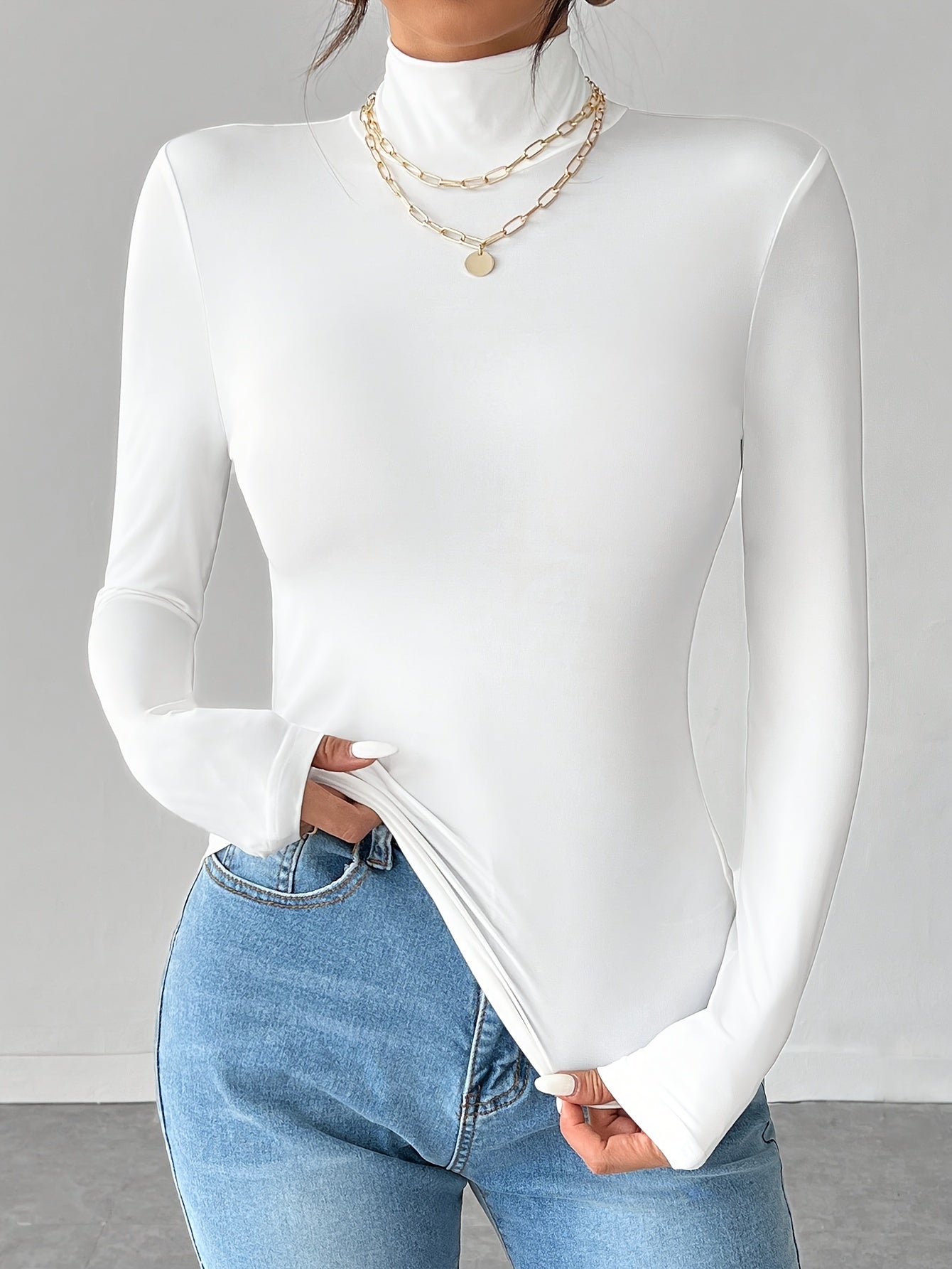 Women'S Elegant High Neck Long Sleeve T-Shirt - Soft Stretchy Solid Color Top for Spring Summer Fall, Versatile Casual & Formal Wear, Machine Washable, Seasonal Fashion, Sophisticated Style, Comfortable Fit, Stylish Blouse, F