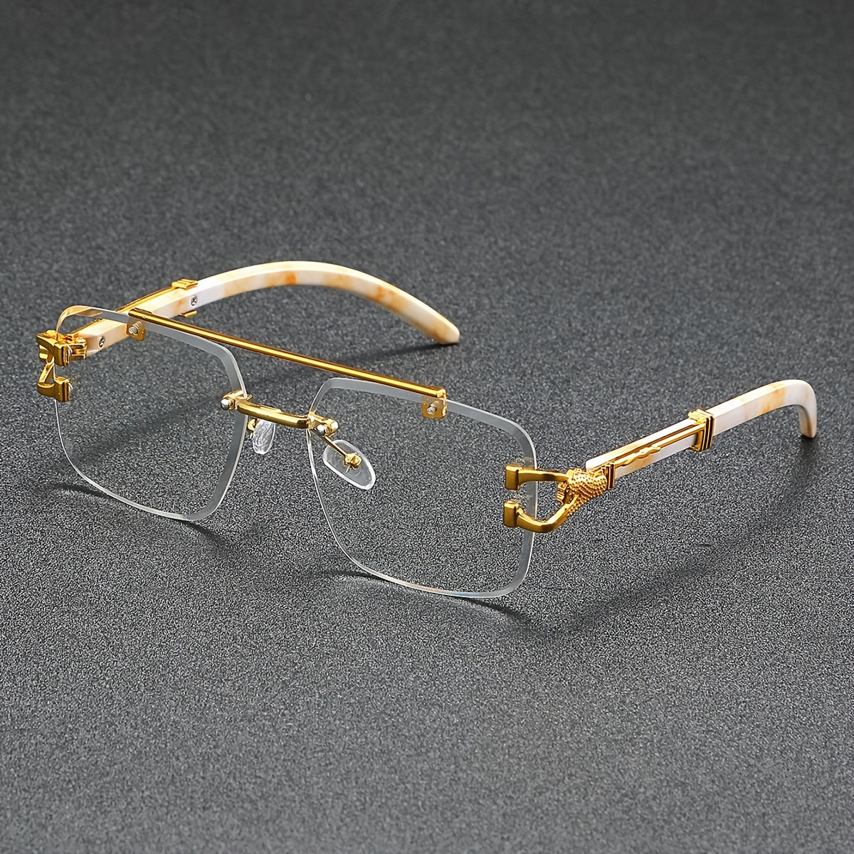A Pair of Frameless, Beveled-Edge, Square Double-Beam Glasses, New Trendy Leopard-Print Fashion, Faux Wood Grain, Versatile for Men And Women, for Taking Photos.