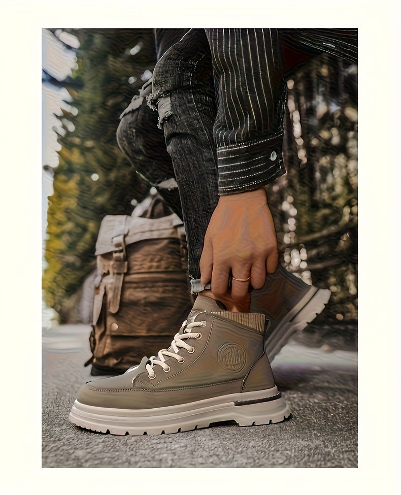 Men's Winter Snow Boots with -Like Collar & Thick Ankle - Upper, PVC Traction Tread, Lace-Up Ankle-High Trekking Boots for Ice, Snow, Hiking, - Warm Outdoor & Casual