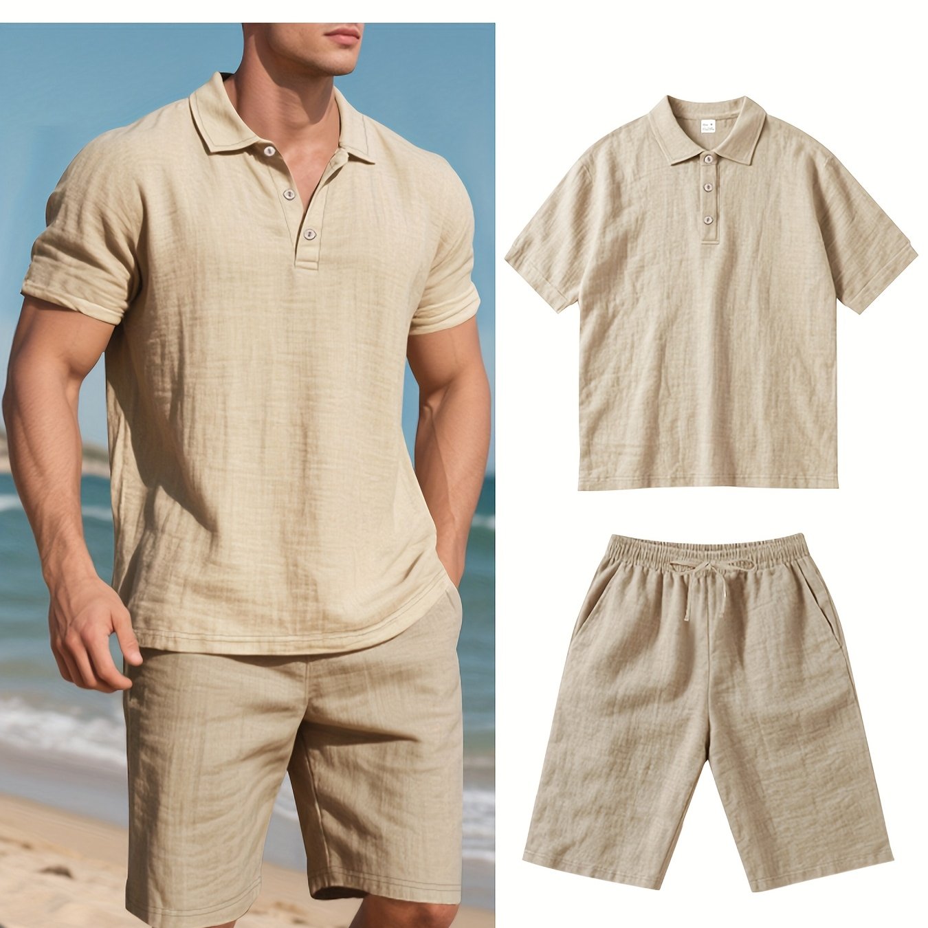 Essential for a Cool Summer! Men's Linen Shirt & Shorts Set, Comfortable Casual Outing Choice - Simple Beach Vacation Style Solid Color Linen