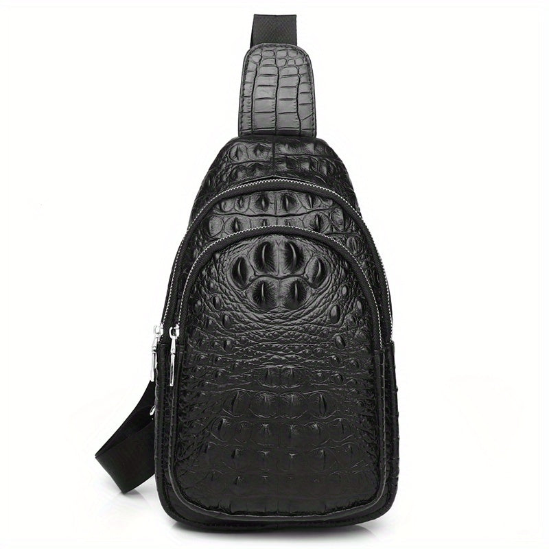 SCHLATUM Genuine Leather Crocodile Pattern Sling Bag - Black, Large-Capacity Multifunctional Crossbody Backpack for Travel, Sports Camping, Stylish Zipper Closure Design