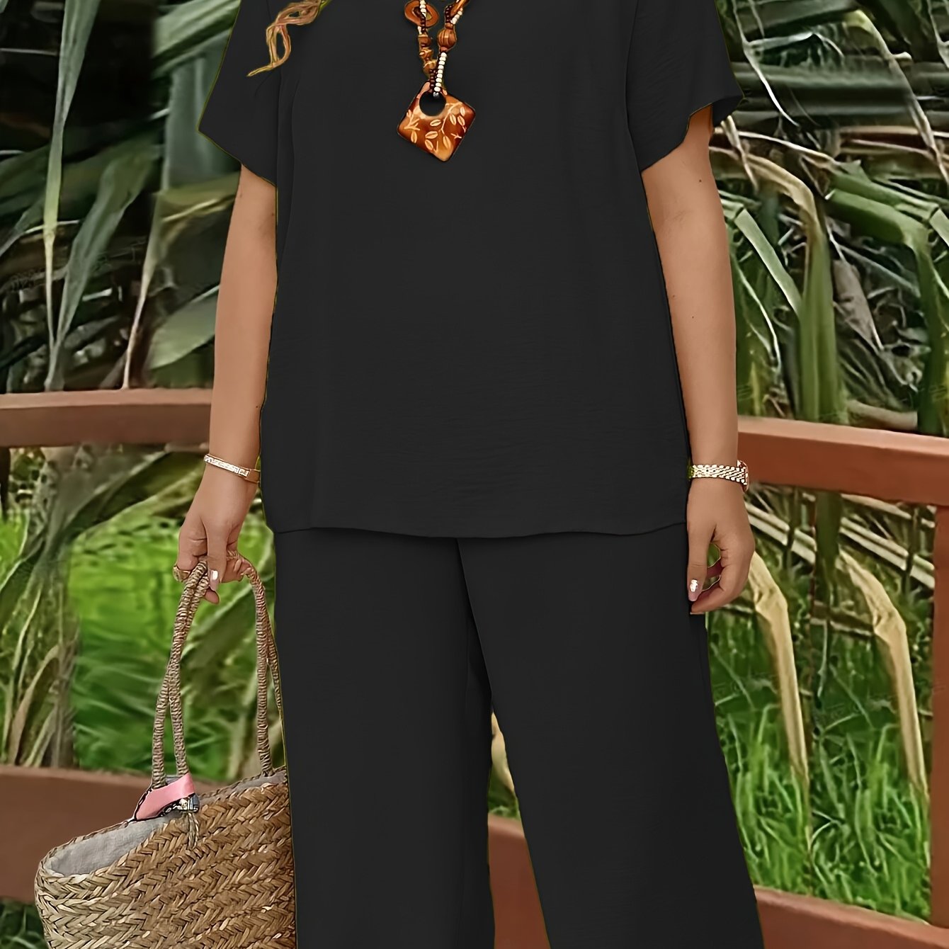 Women's Plus Size Suit, Elegant Solid Color Short Sleeve Top and Wide Leg Pants