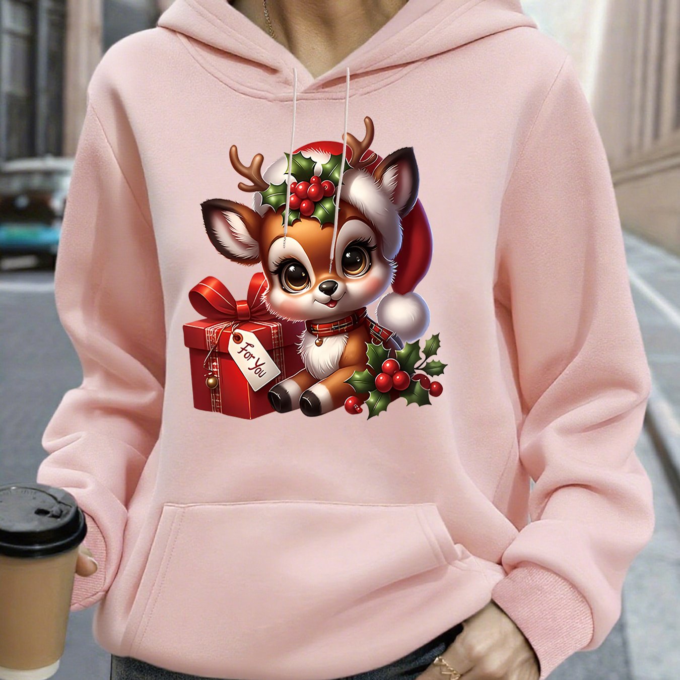 Women's Christmas Deer & Reindeer Print Hoodie - Cozy Winter Pullover Sweatshirt with Cute Deer Headband-Like Hood, Slim-Fit Casual Jacket for Holiday Parties, Xmas Outfits & Cold Weather (Machine Washable), Fall Clothes For