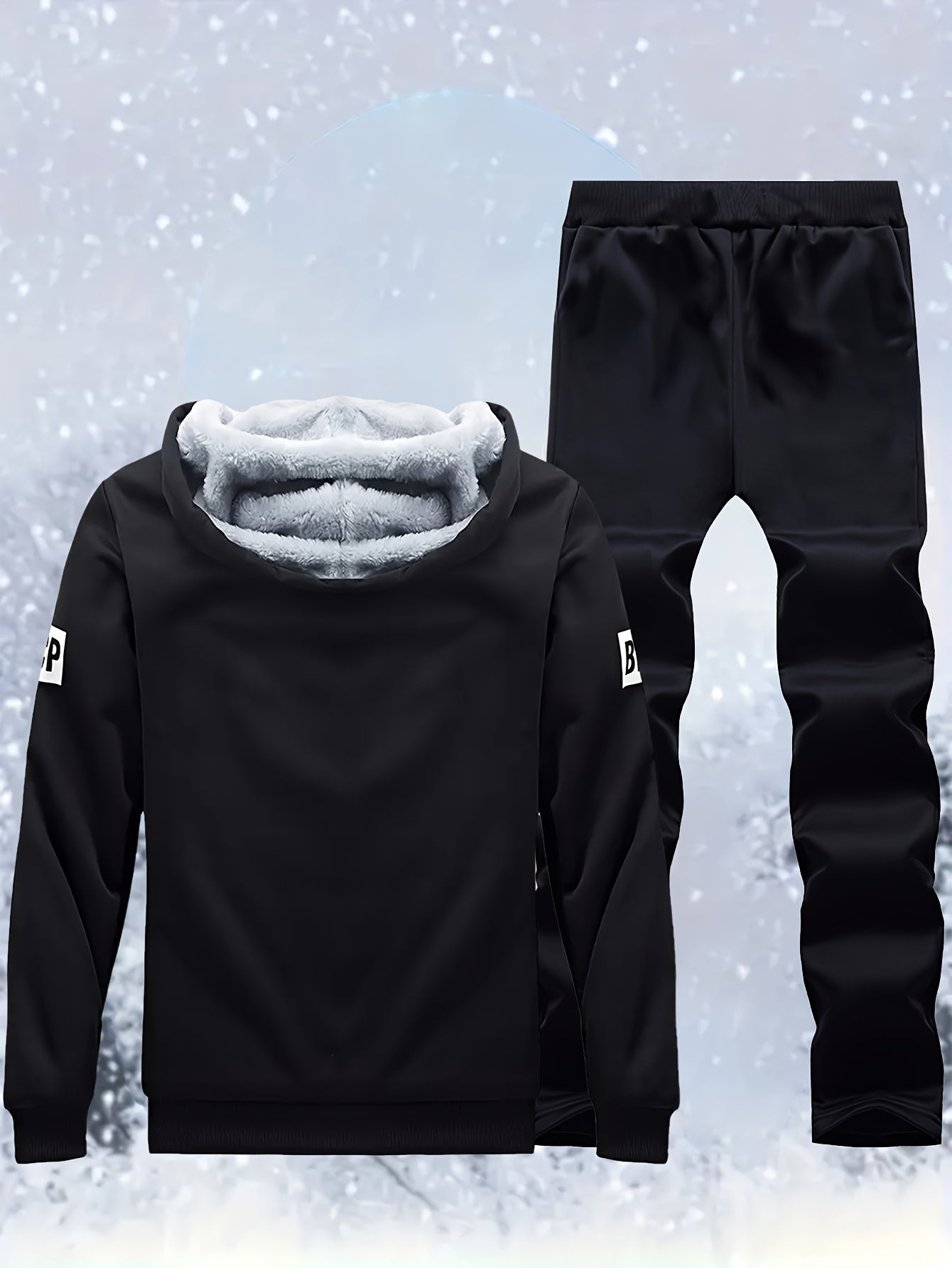 Men's "SHAN YES" Alphabet Print Fuzzy Lining Hooded Sweatshirt And Joggers Set, Warm Athletic Outfit For Running And Outdoor Fitness, Autumn And Winter