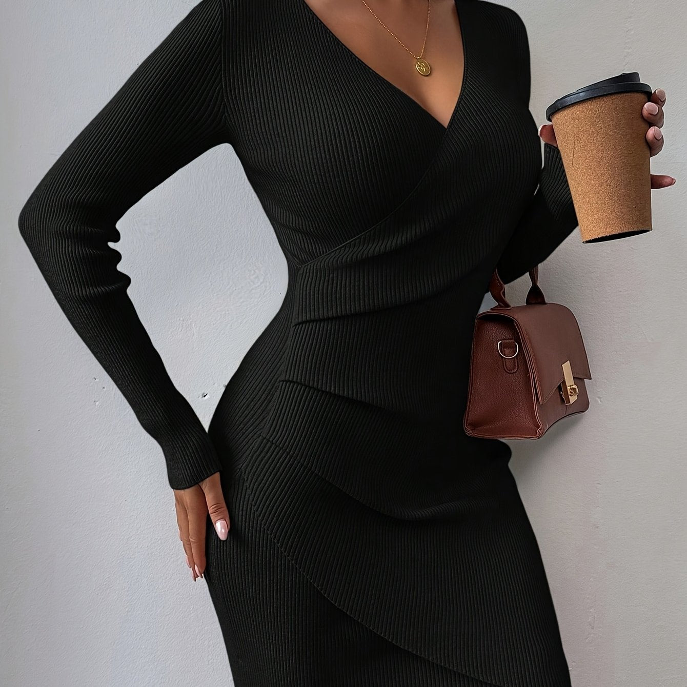 New Autumn and Winter Slim Fit V-Neck Dress Stretchy and Flattering Wrap Design, Elegant Solid Color Mini Dress for Work and Dates
