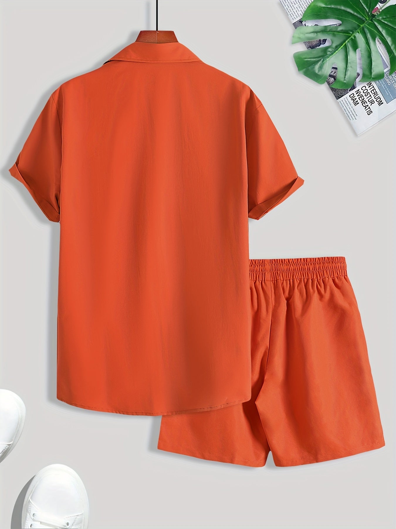 2-piece Men's Stylish Summer Beach Wear Set, Letter Print Men's Short Sleeve Lapel Shirt With Chest Pocket & Drawstring Shorts Co Ord Se