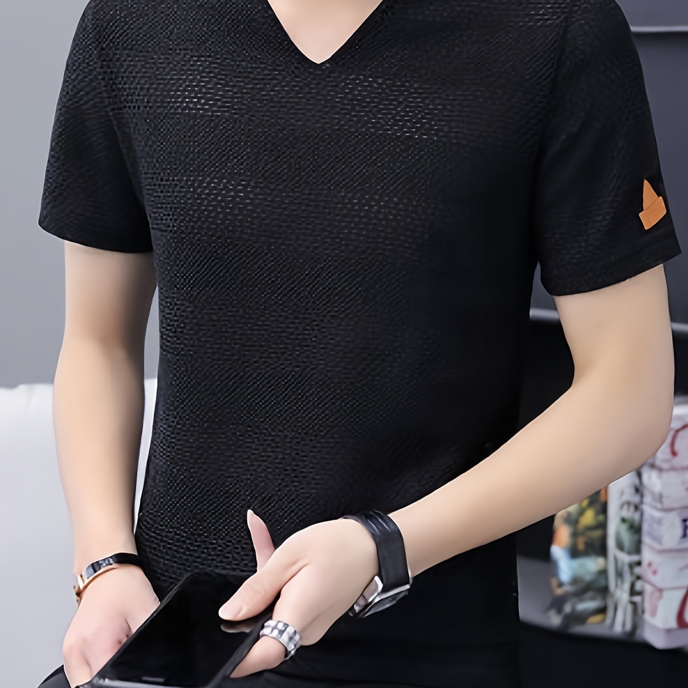 Men's Short-Sleeve T-Shirt Summer Hollow-Out Cool High-End Half Sleeve Breathable Non-See-Through