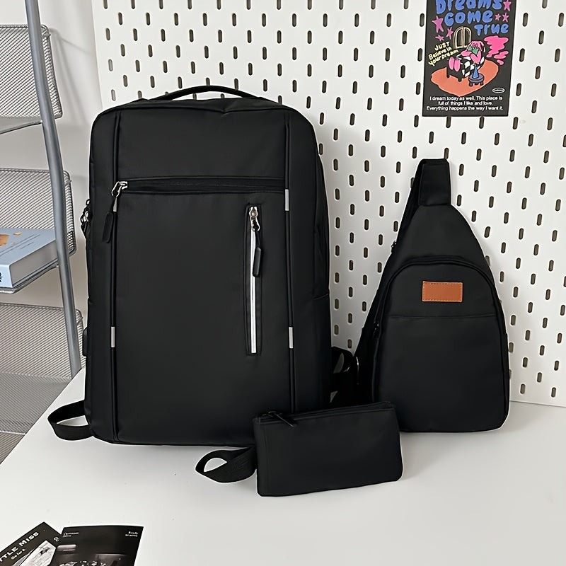 Three-piece minimalist computer backpack set, consisting of a lightweight shoulder bag, chest bag, and wallet, suitable for daily commuting and business use
