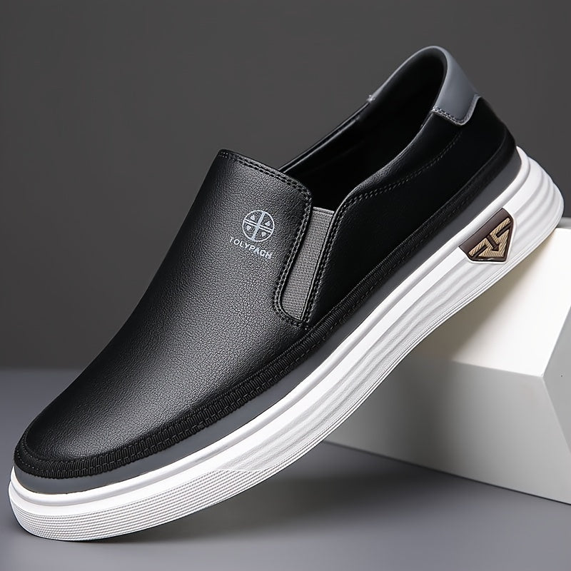 Men's Stylish Slip-On Loafers - Soft Upper, Non-Slip Rubber Sole, White with Brown & Golden Accents, Comfortable for Everyday Casual Wear, Vacation Shoes | Decorative Stitching | Synthetic Shoes, Dressy Shoes