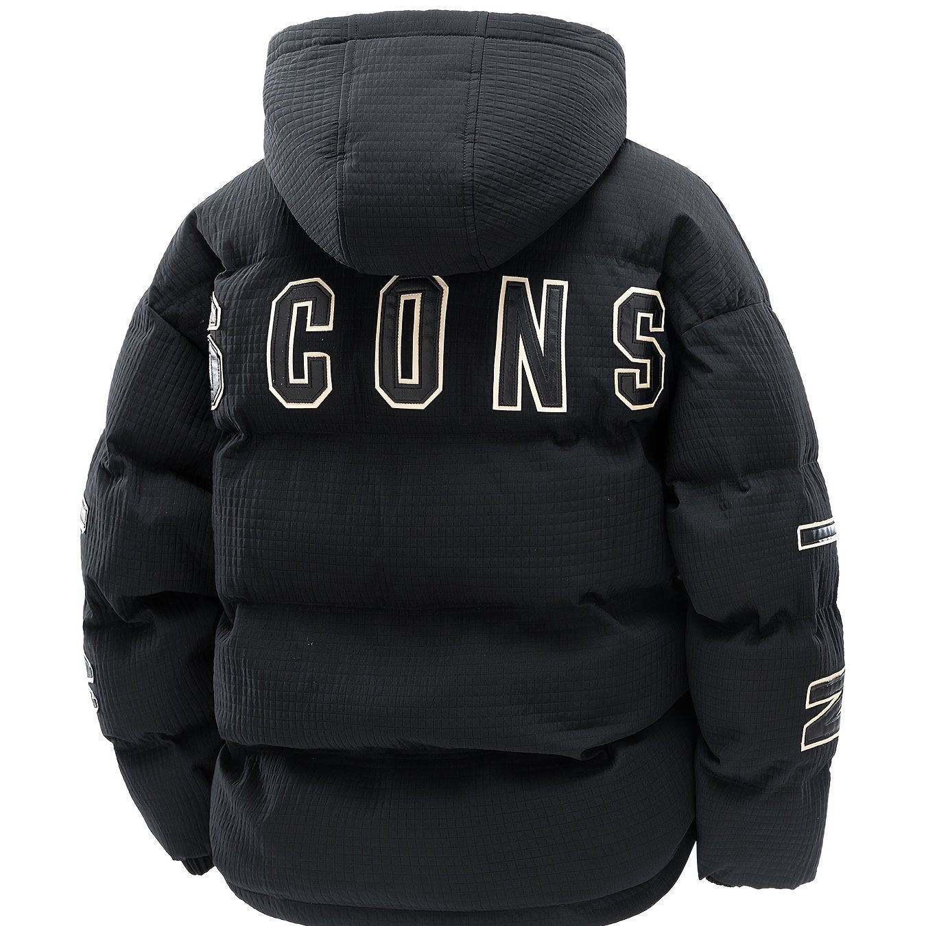 789 Men'S Stylish Thickened Winter Hooded Coat - Warm Fleece-Lined Jacket with "CONS" Letter Design, Loose Fit, White, Casual Winter Outerwear, Winter Jacket