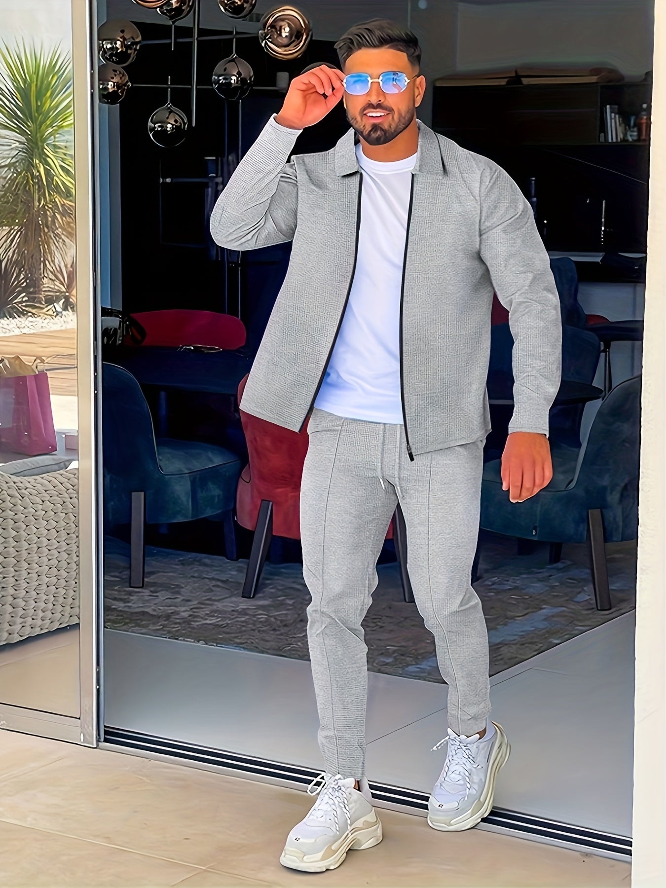 Men's Waffle Collar Suit Fashion Zipper Cardigan Casual Set