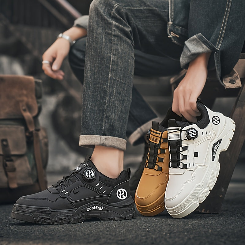 Men'S 2025 Spring Sneakers - Low-Top Lace-Up Casual Shoes with Rotating Button Closure, Breathable Mesh Lining Cushioned EVA Sole for Running, Hiking, Gym - White Black Design, Hiking Footwear, Modern Sneakers, Fabric Lin