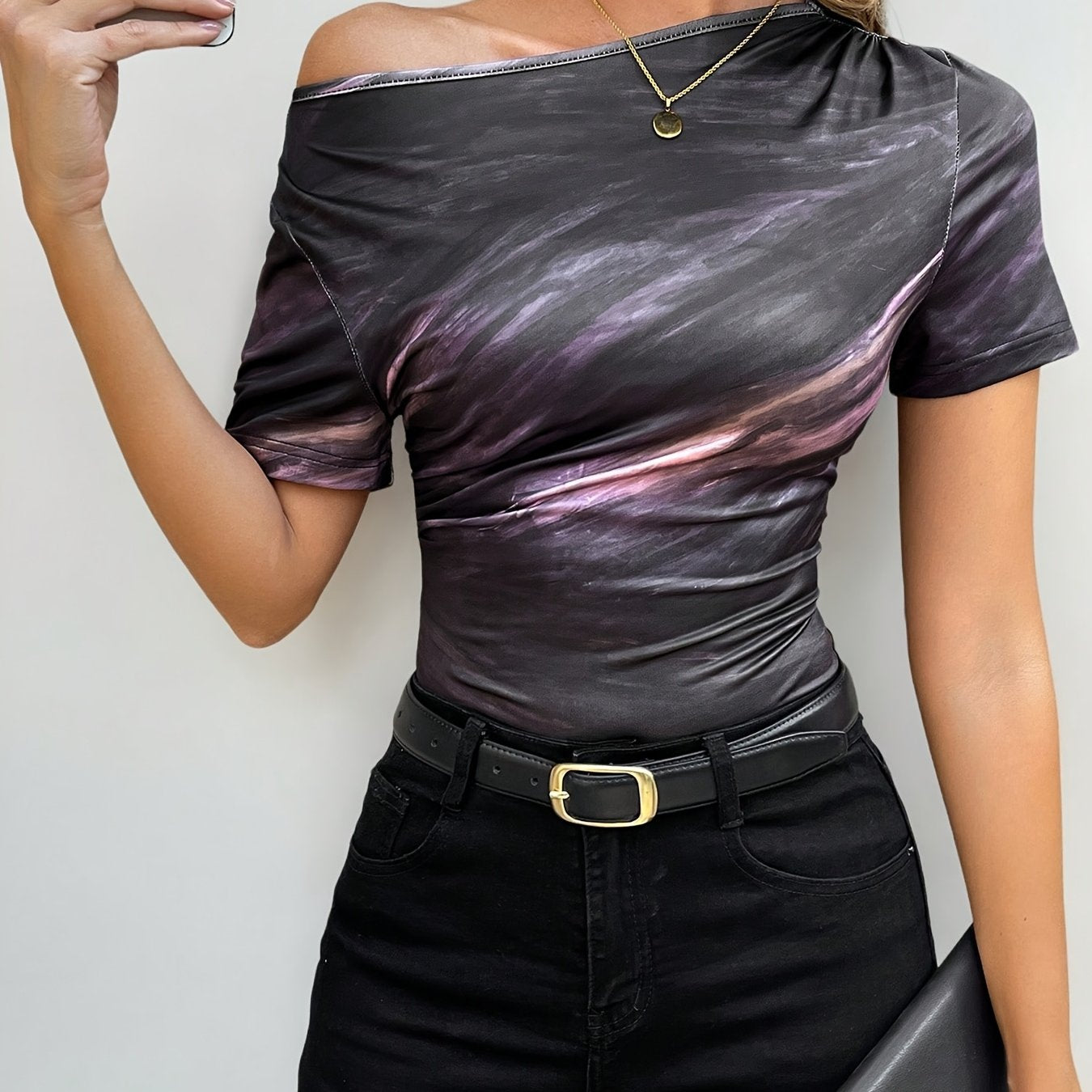 Women's Elegant Tie-Dye Asymmetrical Neckline Short Sleeve T-Shirt - Purple Pink Blue Swirl Print, Breathable Stretchy Fabric, Machine Washable Summer Casual Top
