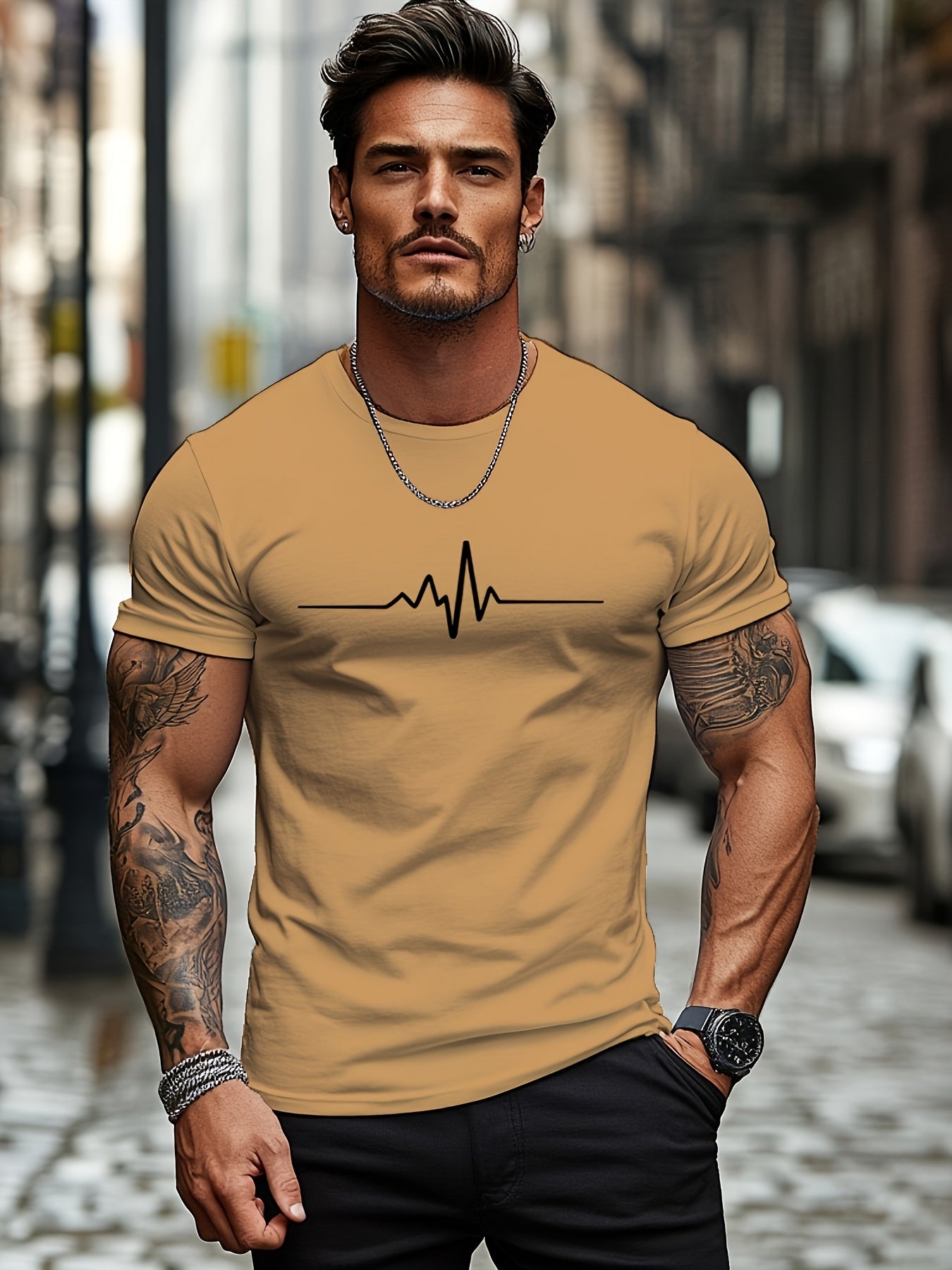 Men'S Brown T-Shirt with ECG Heartbeat Graphic - Casual Streetwear, Short Sleeve, Round Neck, Stretch Fabric, All-Season Comfort, Casual Streetwear Tee Round Neck Tshirt Comfortable Fit