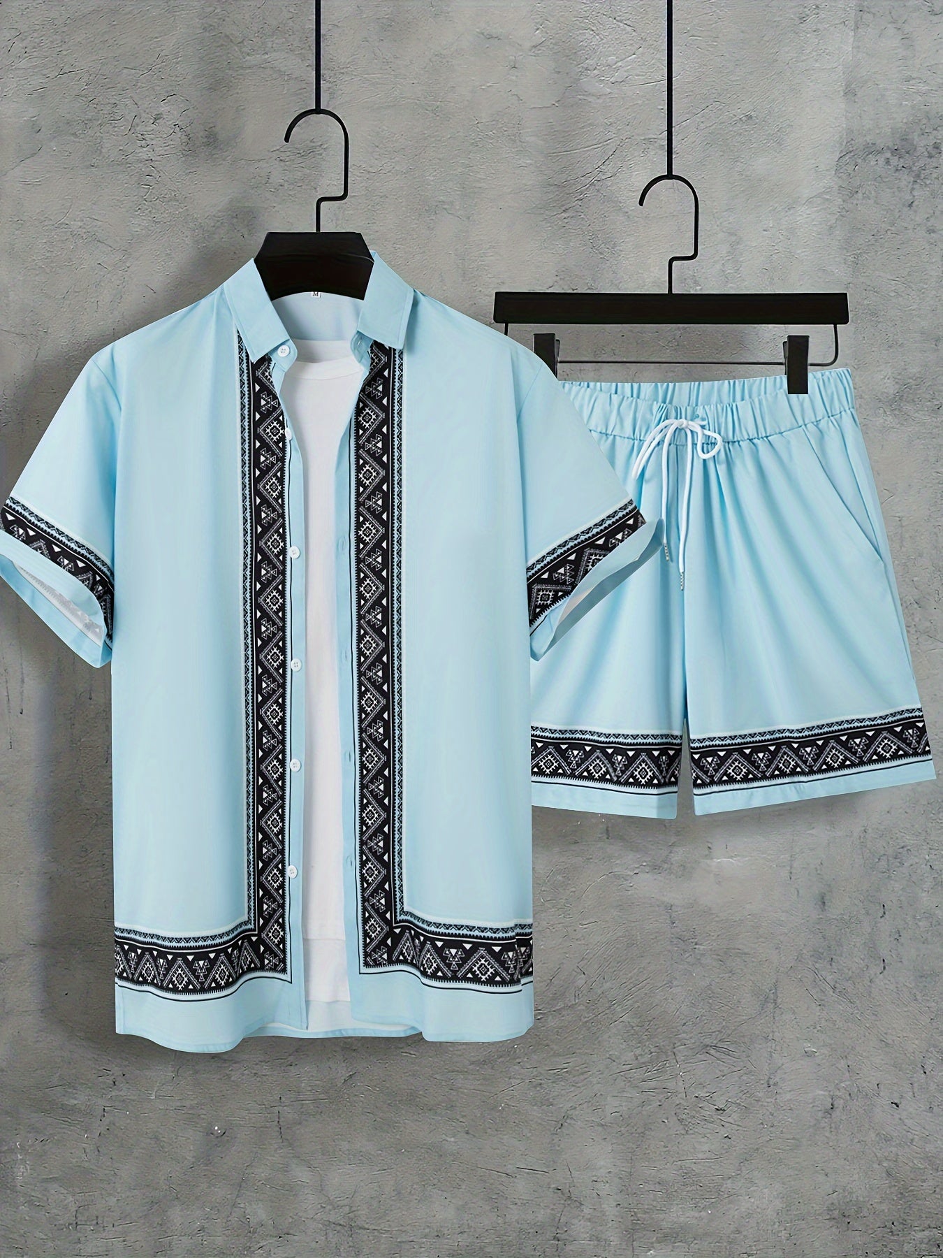 Men'S Two-Piece Set Consisting of a Casual Short-Sleeve Button-Up Shirt And Drawstring Pants, Perfect for Summer Wear.