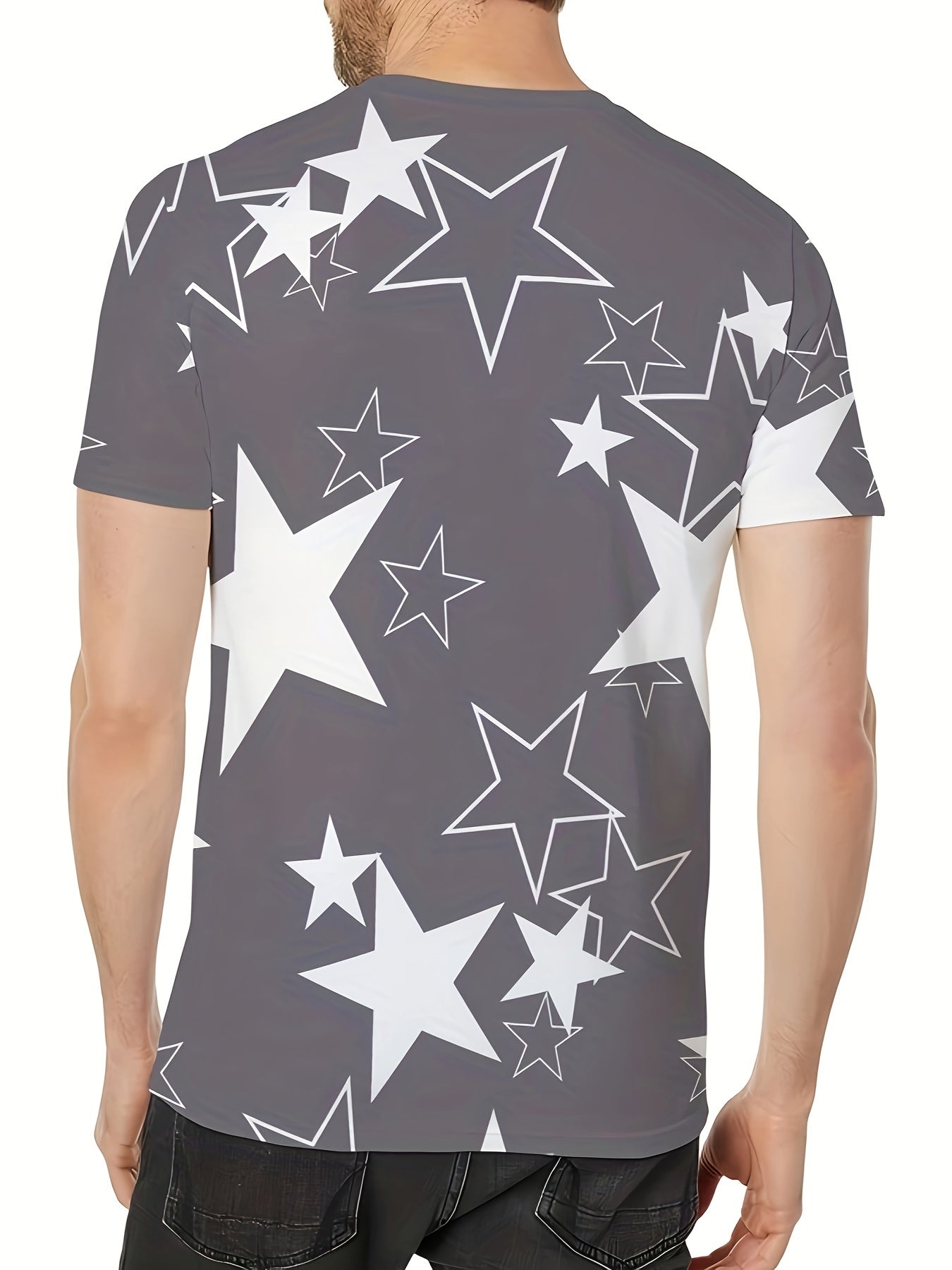 Men's Allover Color Blocking Stars Pattern Short Sleeve Crew Neck T-shirt For Summer, Casual Stylish Tee As Gift