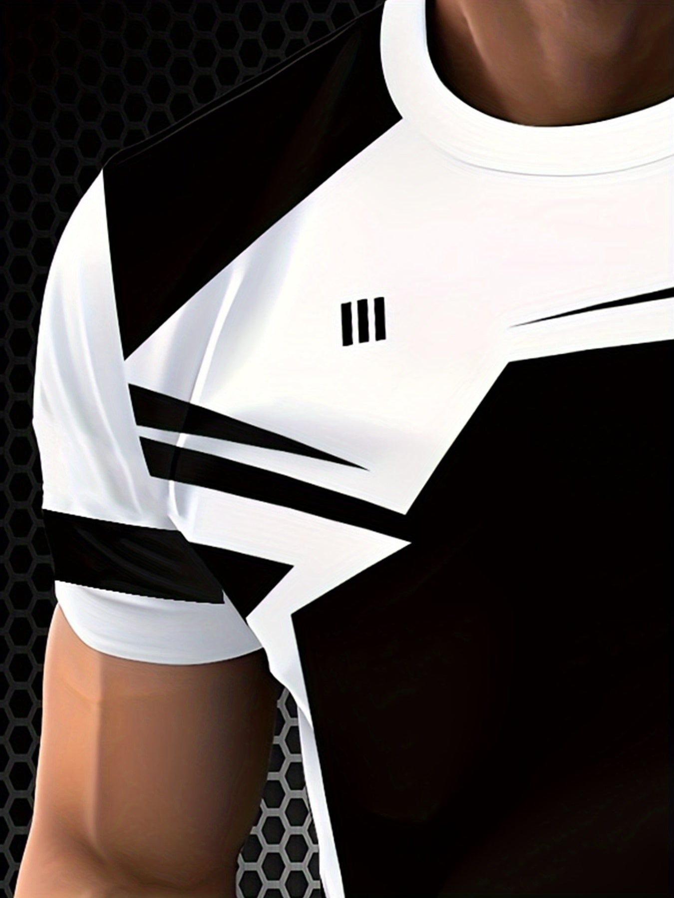 Men's Geometric Patchwork T-Shirt - Black White Contrast Design, Breathable 100% Polyester, Regular Fit Casual Summer Tee, Machine Washable
