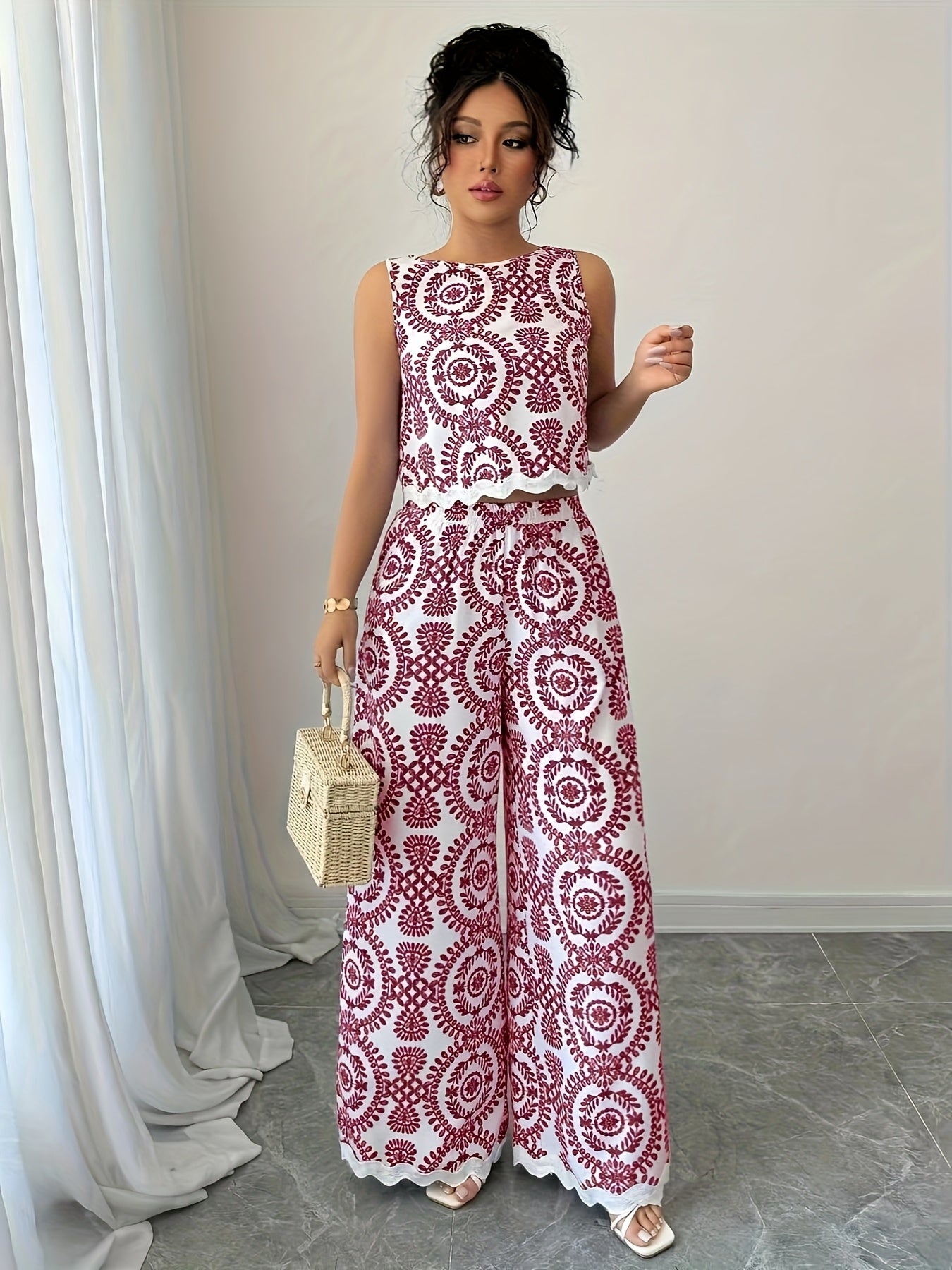 2pcs Women's Plant Pattern Round Neck Sleeveless Top and Pants Set