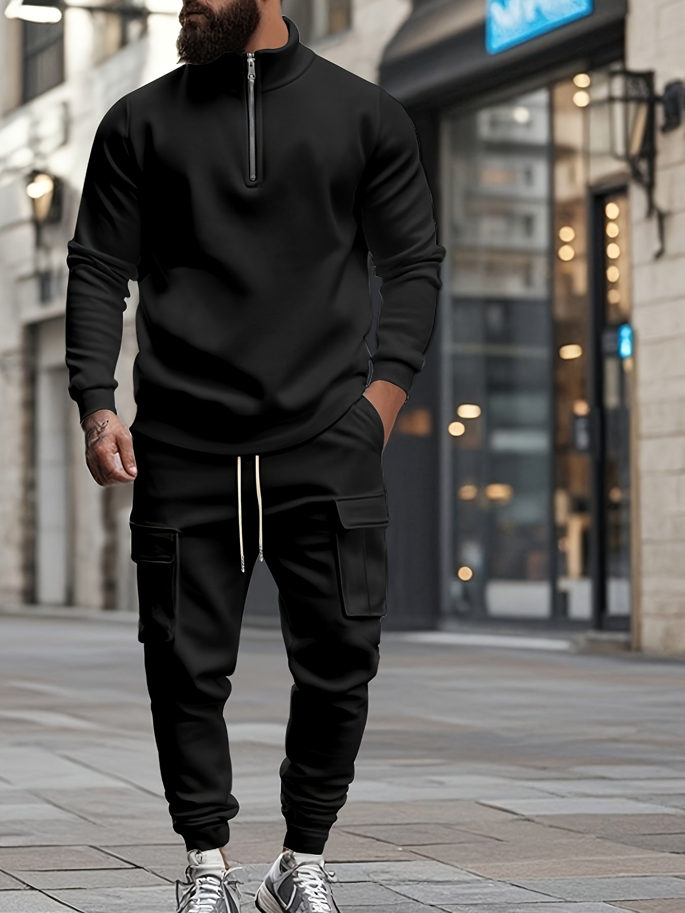 Versatile Ensemble, Men's Casual 2pcs Set: Heavyweight Zip-Up High Neck Sweatshirt & Pocketed Work Pants - Solid Color, Plush Fabric for Fall/Winter
