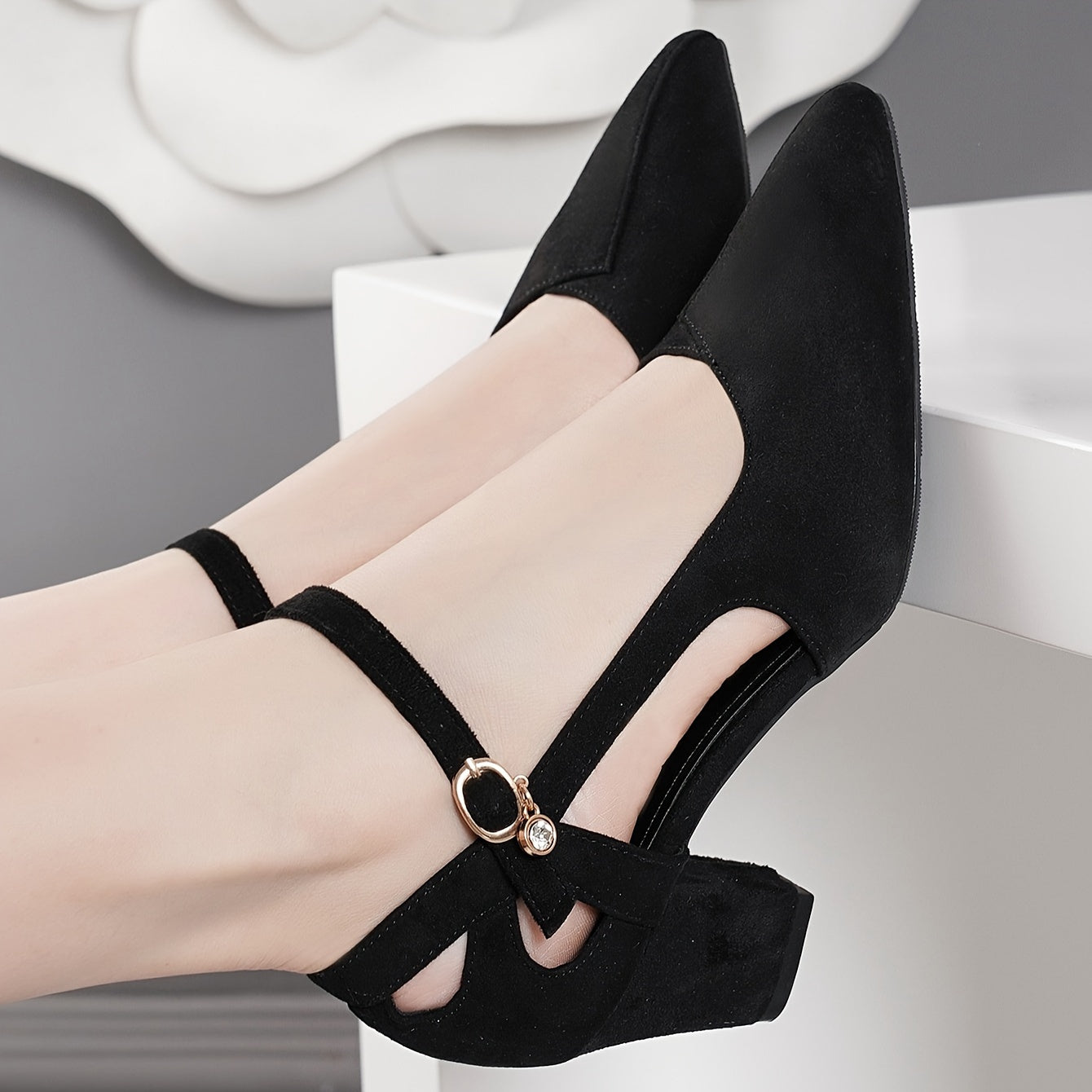 Chic Women's Summer Shoes - Pointed Toe, Chunky Heel with Crystal Accents, Faux Cover Velvet Lining