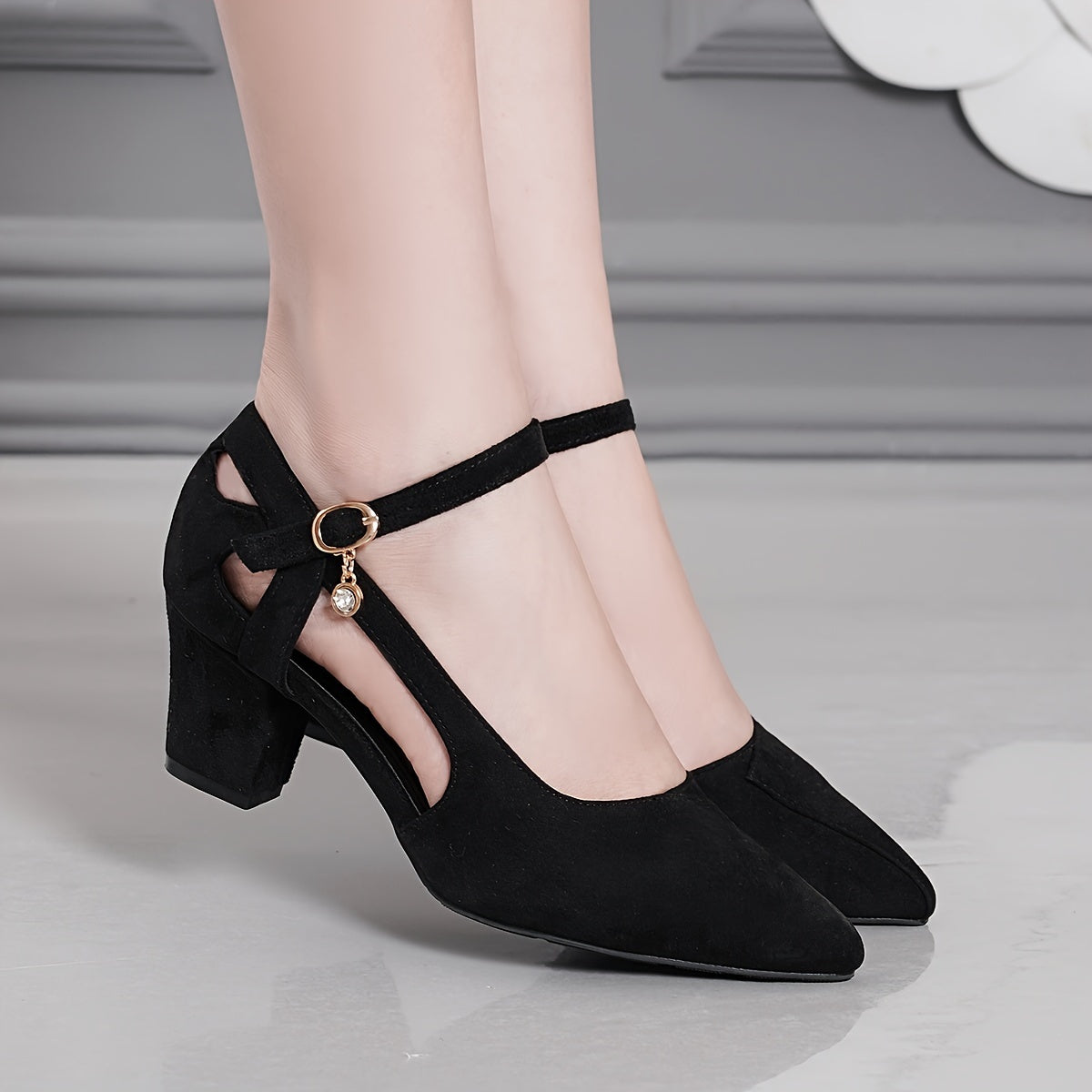 Chic Women's Summer Shoes - Pointed Toe, Chunky Heel with Crystal Accents, Faux Cover Velvet Lining