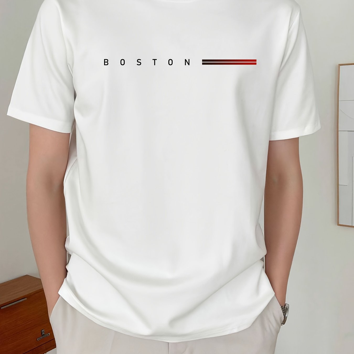 Men's Heavyweight 180gsm Cotton T-Shirt - Dark Gray Crew Neck Tee with Bold "Boston" Print, All-Season Everyday Formal Shirt for Men - Machine Washable Luxury Casual Top, Versatile Clothing, Modern Design, Premium Fabric, S