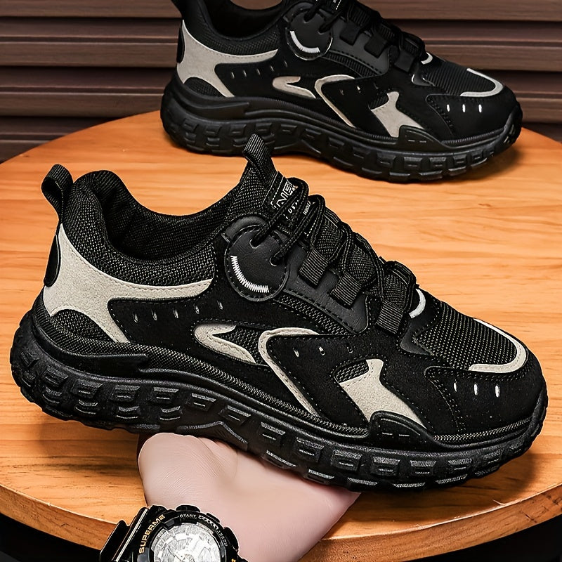 Men's Trendy Chunky Sneakers - Breathable Mesh PU Upper, Durable PVC Sole, Lace-Up Casual Sneakers in Gray, Black Orange, All-Season Comfort for Casual Attire