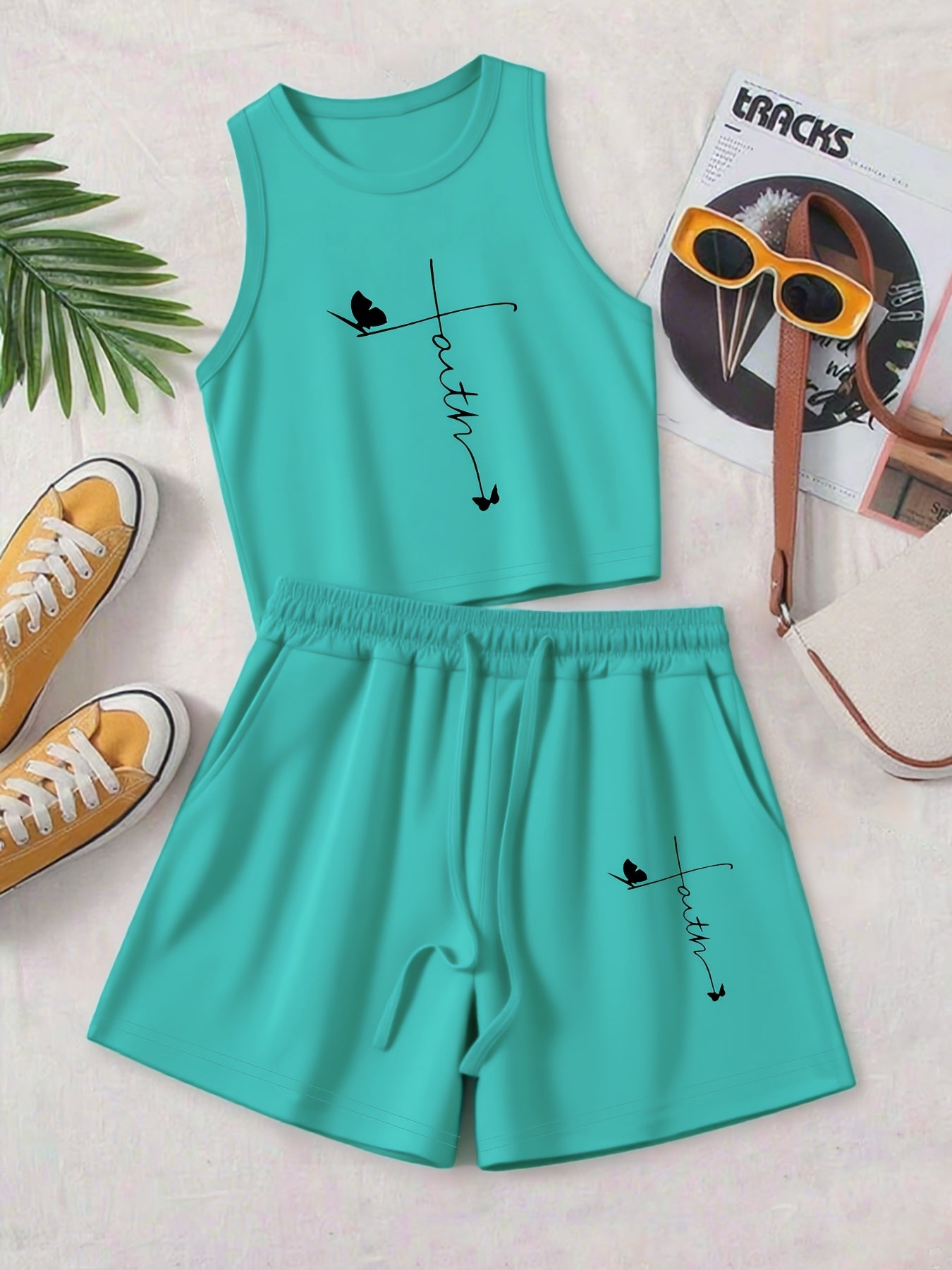Women's Casual Two-Piece Set with Graphic Tee & Wide Leg Pants