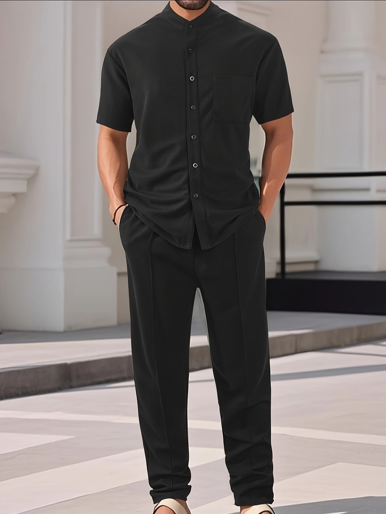 Men'S Two-Piece Set Featuring a Short-Sleeve Cardigan with Pockets And Drawstring Pocket Long Pants, Perfect for a Clean And Comfortable Summer.