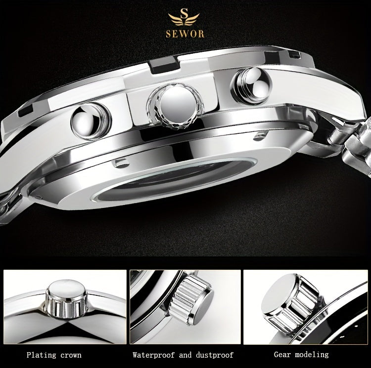 Fashion Statement, Men's Luxury Automatic Mechanical Watch - Elegant Stainless Steel Band, Multi-Function with Sun, Moon, and Stars Display, Transparent Back for Sophisticated Style