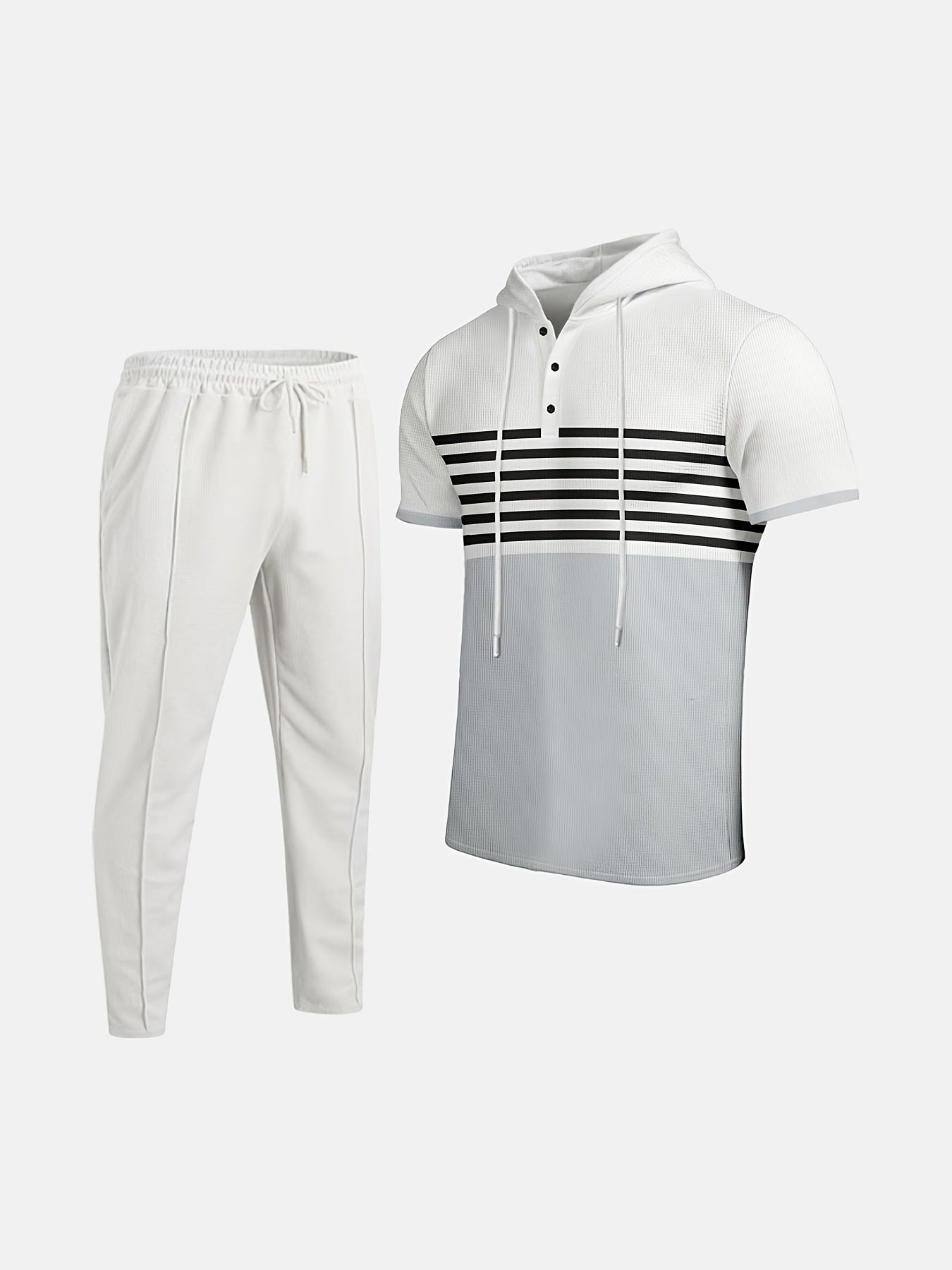 Men'S Summer Casual Sportswear Set, Striped Patchwork Short Sleeve, Polyester Material, Suitable for Leisure and Sports Outings, Fashionable and Trendy, with Drawstring Belt and Pockets, Ideal for Summer Activities, Hooded Sh