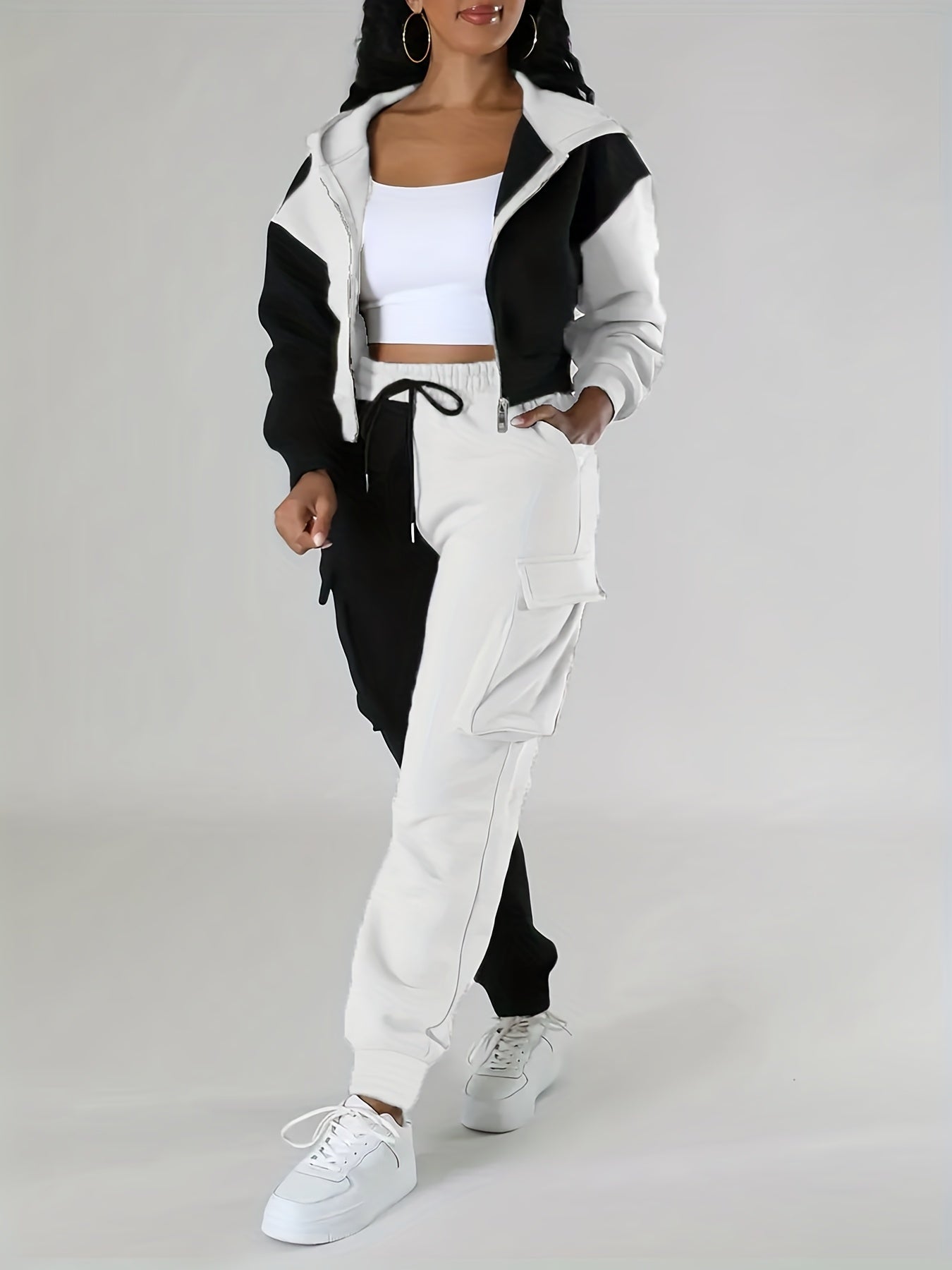 Women's Color-Block Hooded Casual Set for Fall Winter