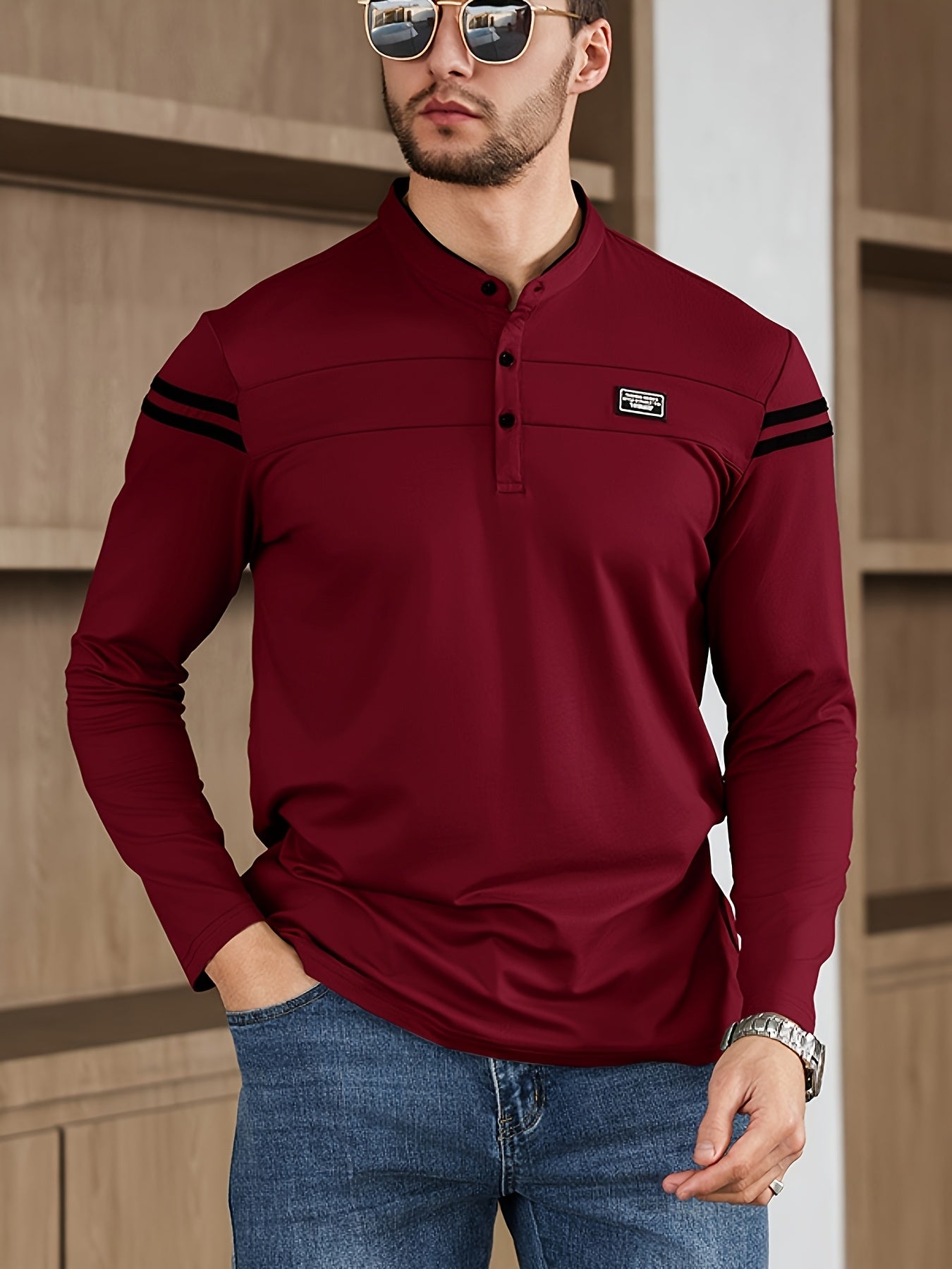 Men'S Casual Long Sleeve T-Shirt - Solid Color with Stand Collar Stripe Polo, Button-Up Front, Ideal for Outdoor Activities