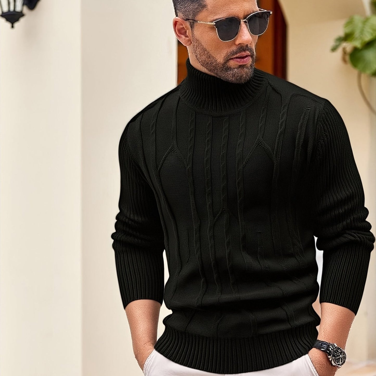 Men'S Solid Color Turtleneck Sweater, Highly Elastic, Stylish, Comfortable, And Warm Top, Suitable for Outdoor Wear in Autumn And Winter, Base Layer Sweater, Striped Knitted Turtleneck Sweater - Long Sleeve Pullover, Featurin