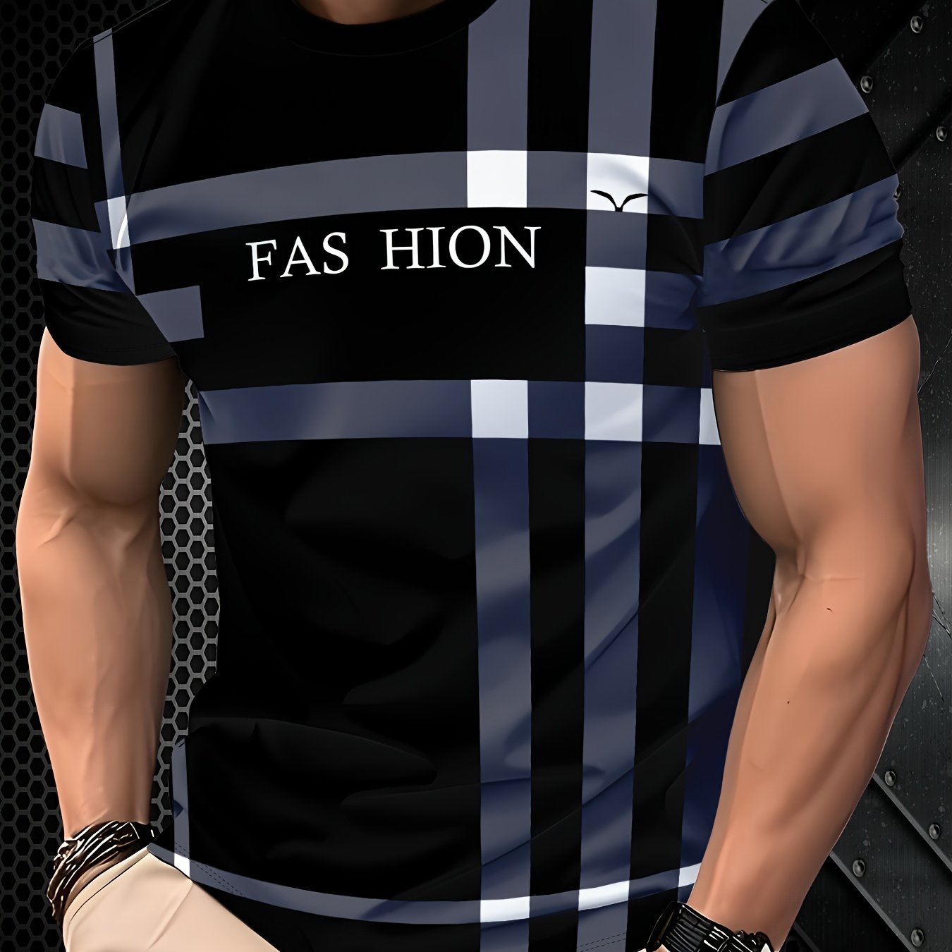 Men'S Casual "FAS HION" Graphic T-Shirt - Black Blue Plaid, Short Sleeve, Round Neck, All-Season Comfort Fit, Casual Attire Plaid Pattern Top Comfortable Fit Shirt