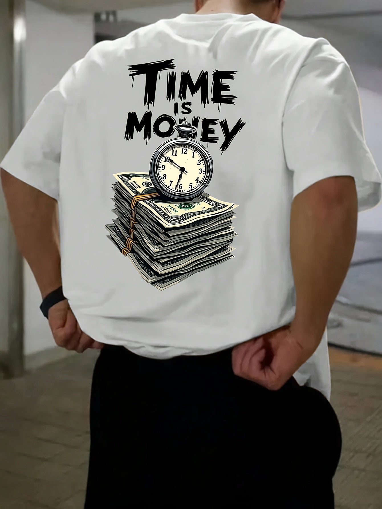 Men'S Casual Short Sleeve T-Shirt with "Time is Money" Clock Stack of Cash Graphic - Lightweight Polyester, Loose Fit, Round Neck, Perfect for Spring Summer Outdoor Wear, Relaxed Fit Shirt Bold Graphic Tee Glossy Text