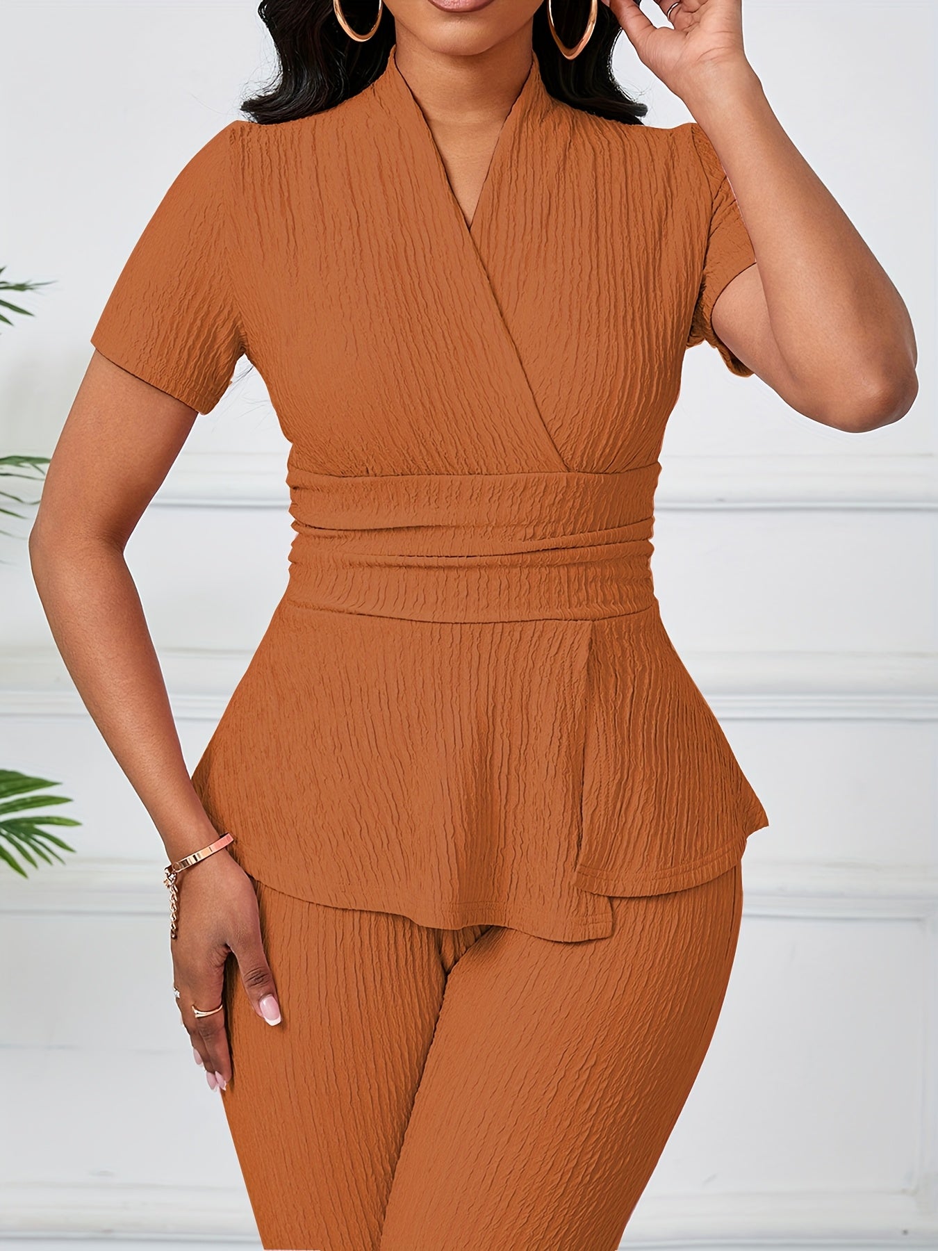 Women's Elegant Casual Solid Color Textured Pants Set
